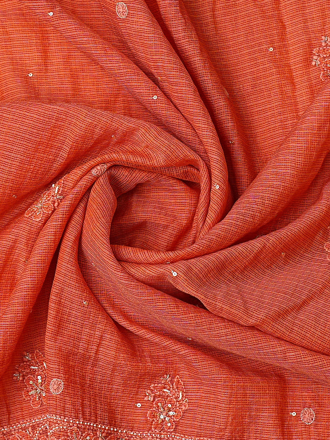 Ada Hand Embroidered Orange Kota Silk Lucknowi Chikankari Unstitched Kurta Dupatta Set With Pearl Work 01A802088