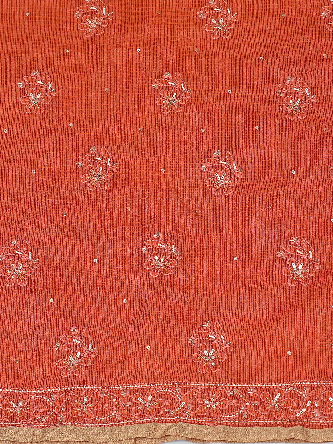 Ada Hand Embroidered Orange Kota Silk Lucknowi Chikankari Unstitched Kurta Dupatta Set With Pearl Work 01A802088