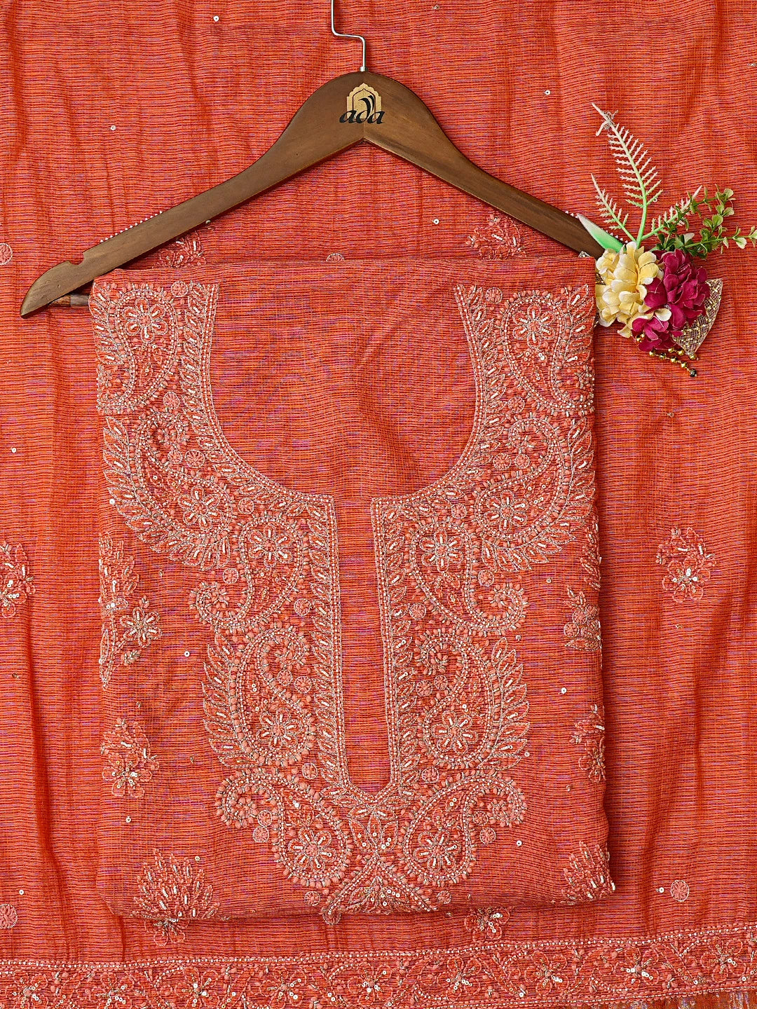 Ada Hand Embroidered Orange Kota Silk Lucknowi Chikankari Unstitched Kurta Dupatta Set With Pearl Work 01A802088