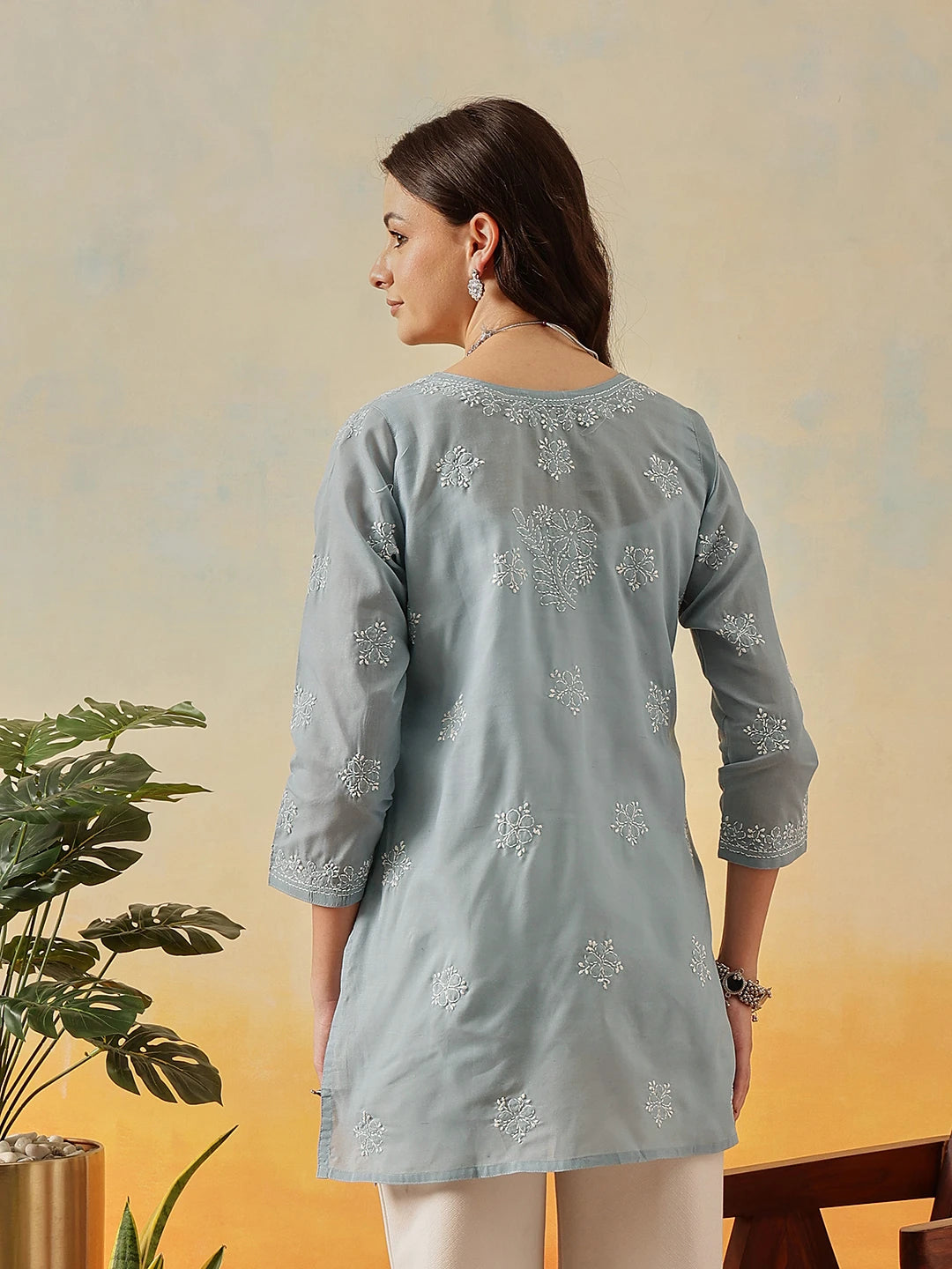 Ada Hand Embroidered Grey Cotton Lucknowi Chikankari Short Kurti A911326