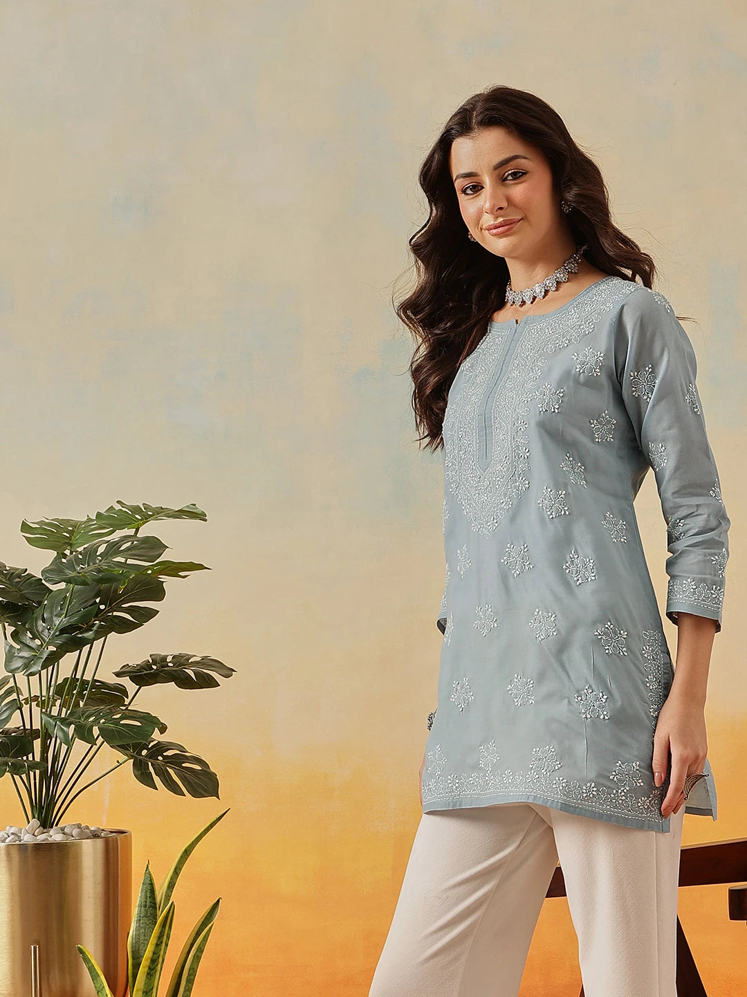 Ada Hand Embroidered Grey Cotton Lucknowi Chikankari Short Kurti A911326
