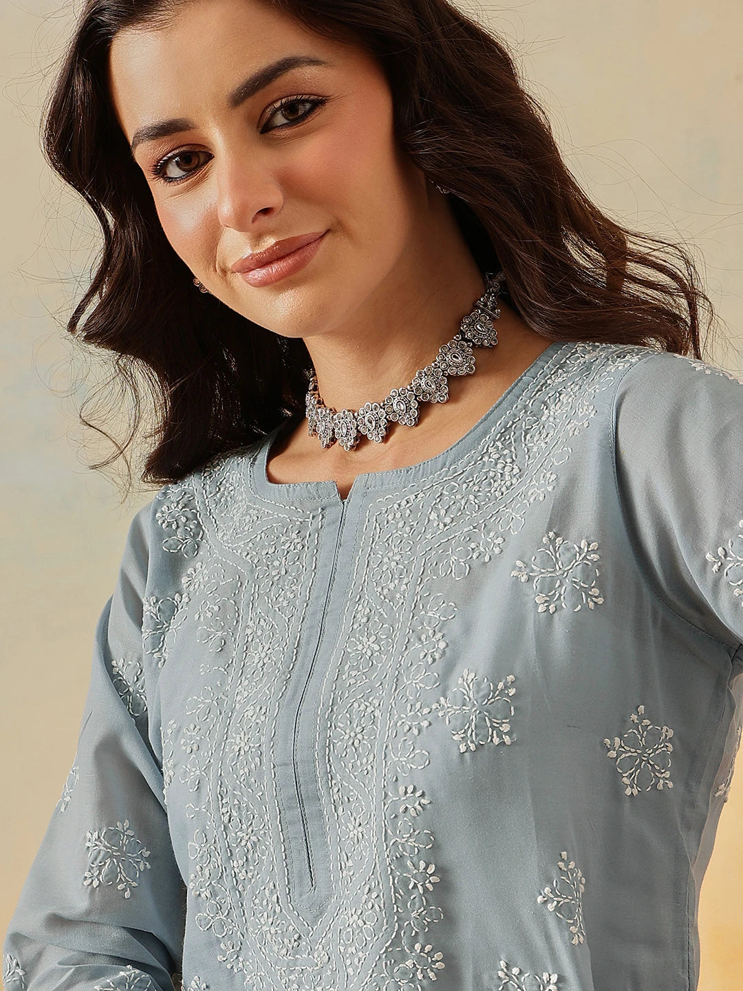 Ada Hand Embroidered Grey Cotton Lucknowi Chikankari Short Kurti A911326
