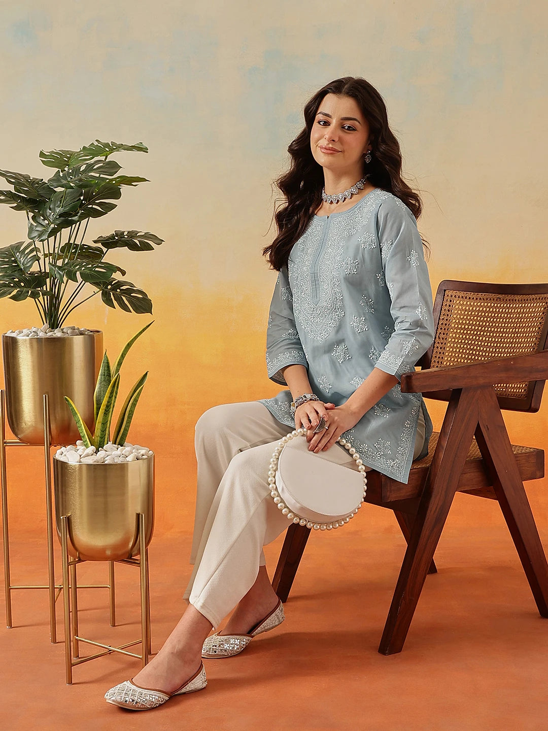 Ada Hand Embroidered Grey Cotton Lucknowi Chikankari Short Kurti A911326