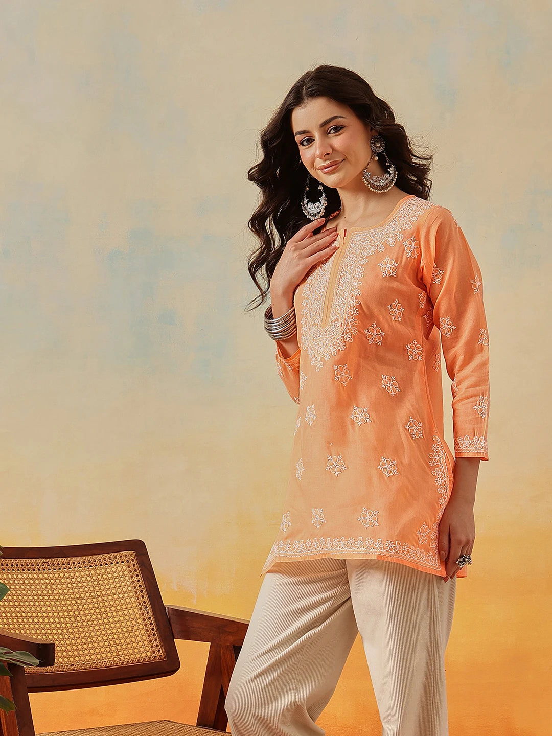 Ada Hand Embroidered Orange Cotton Lucknowi Chikankari Short Kurti A911322