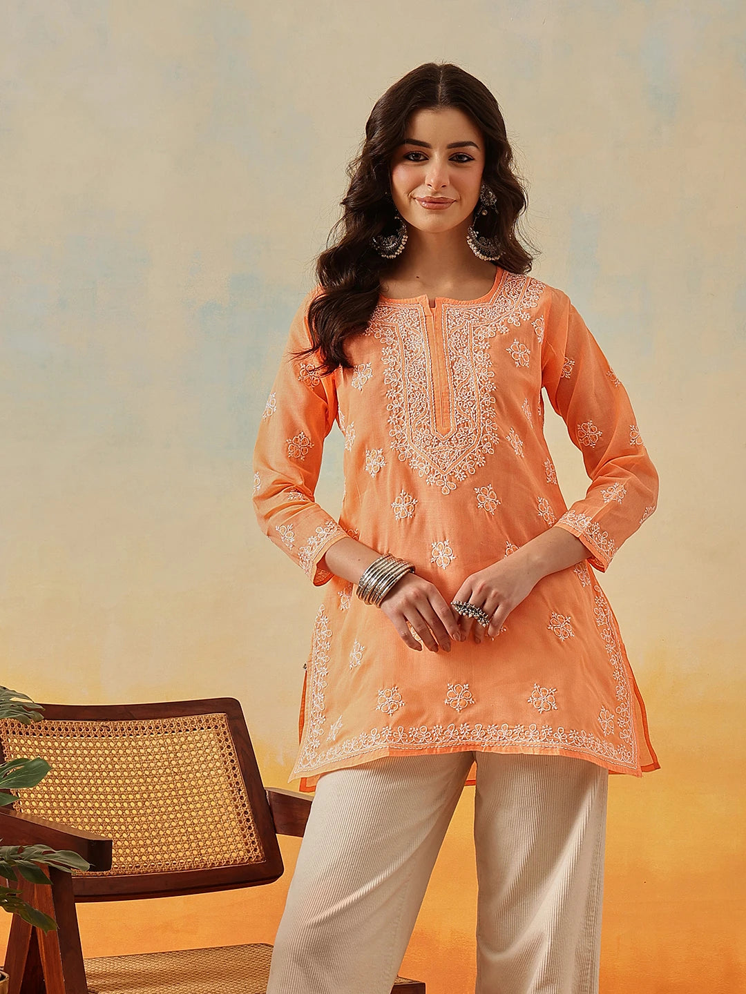Ada Hand Embroidered Orange Cotton Lucknowi Chikankari Short Kurti A911322