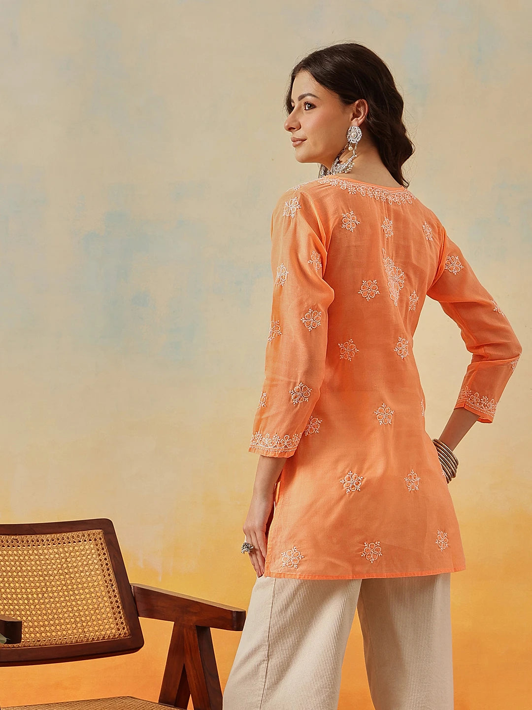 Ada Hand Embroidered Orange Cotton Lucknowi Chikankari Short Kurti A911322