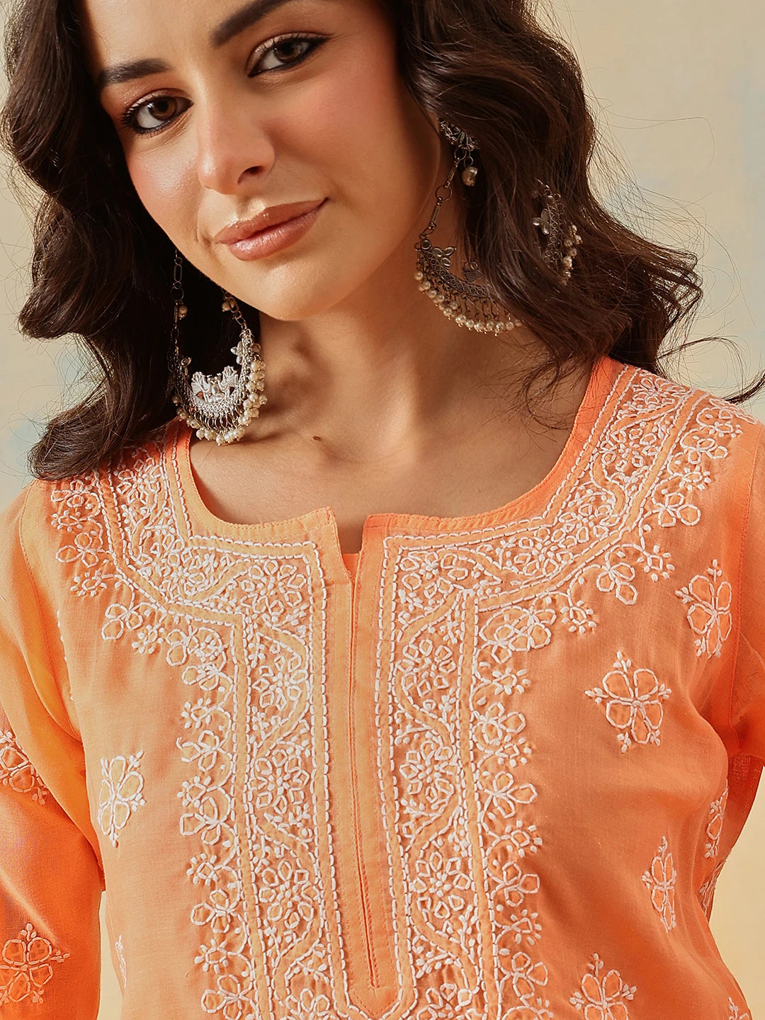 Ada Hand Embroidered Orange Cotton Lucknowi Chikankari Short Kurti A911322