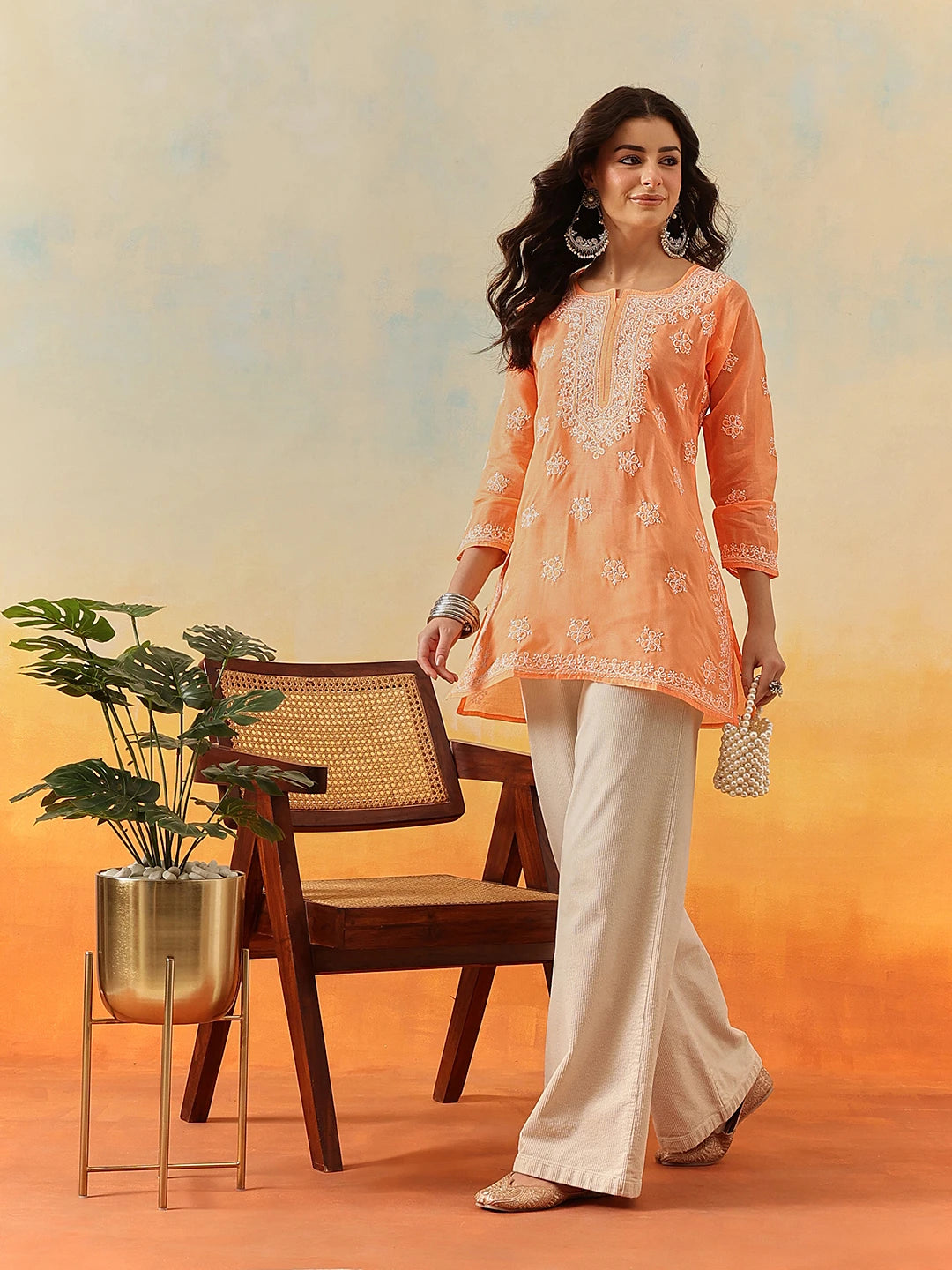 Ada Hand Embroidered Orange Cotton Lucknowi Chikankari Short Kurti A911322