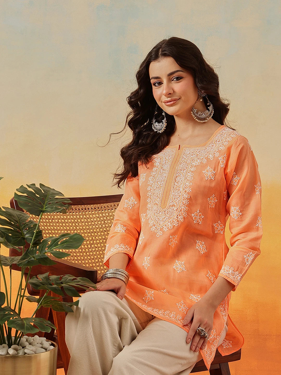 Ada Hand Embroidered Orange Cotton Lucknowi Chikankari Short Kurti A911322