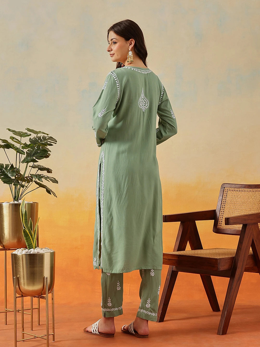 Ada Hand Embroidered Sage Green Rayon Lucknowi Chikankari Co-Ord Set A811241