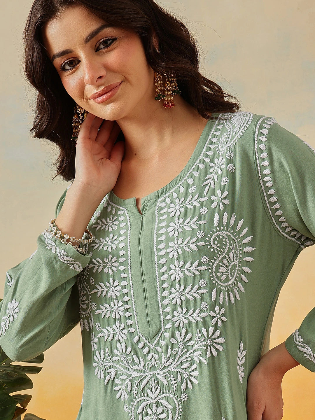 Ada Hand Embroidered Sage Green Rayon Lucknowi Chikankari Co-Ord Set A811241