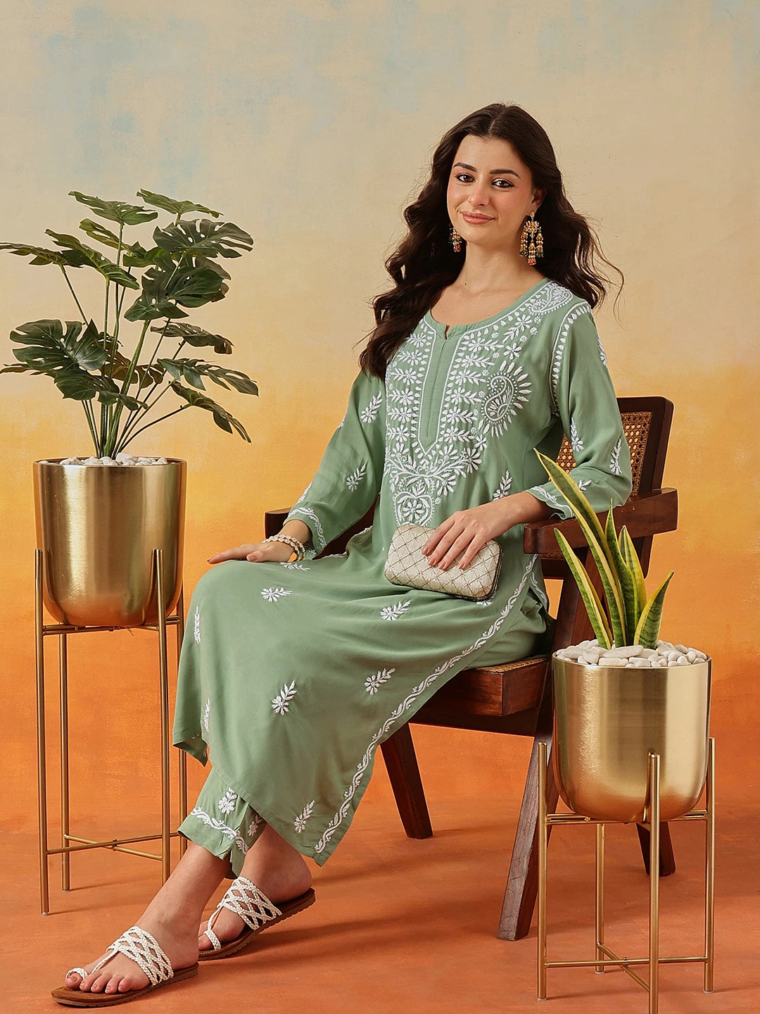 Ada Hand Embroidered Sage Green Rayon Lucknowi Chikankari Co-Ord Set A811241