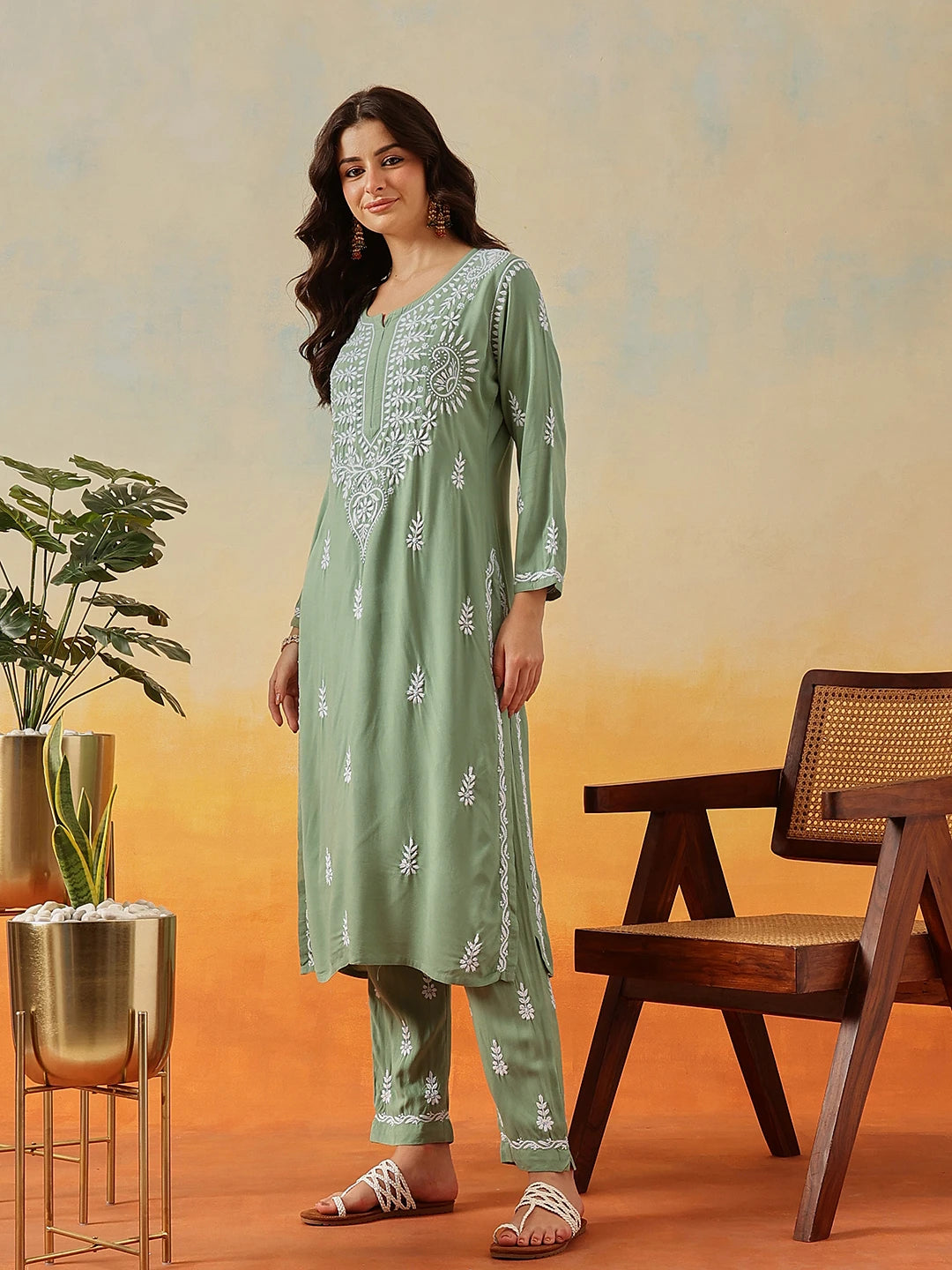 Ada Hand Embroidered Sage Green Rayon Lucknowi Chikankari Co-Ord Set A811241