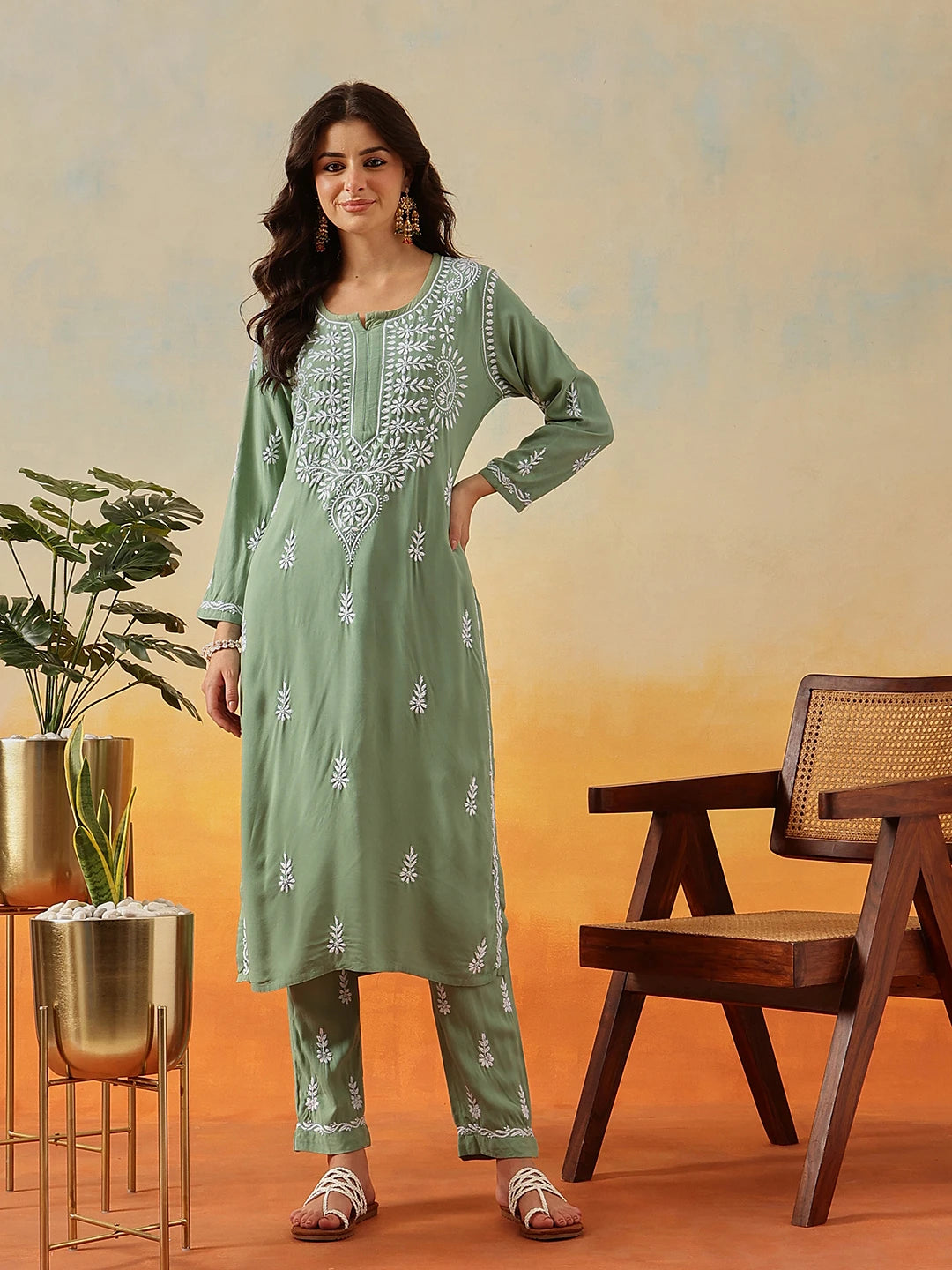 Ada Hand Embroidered Sage Green Rayon Lucknowi Chikankari Co-Ord Set A811241