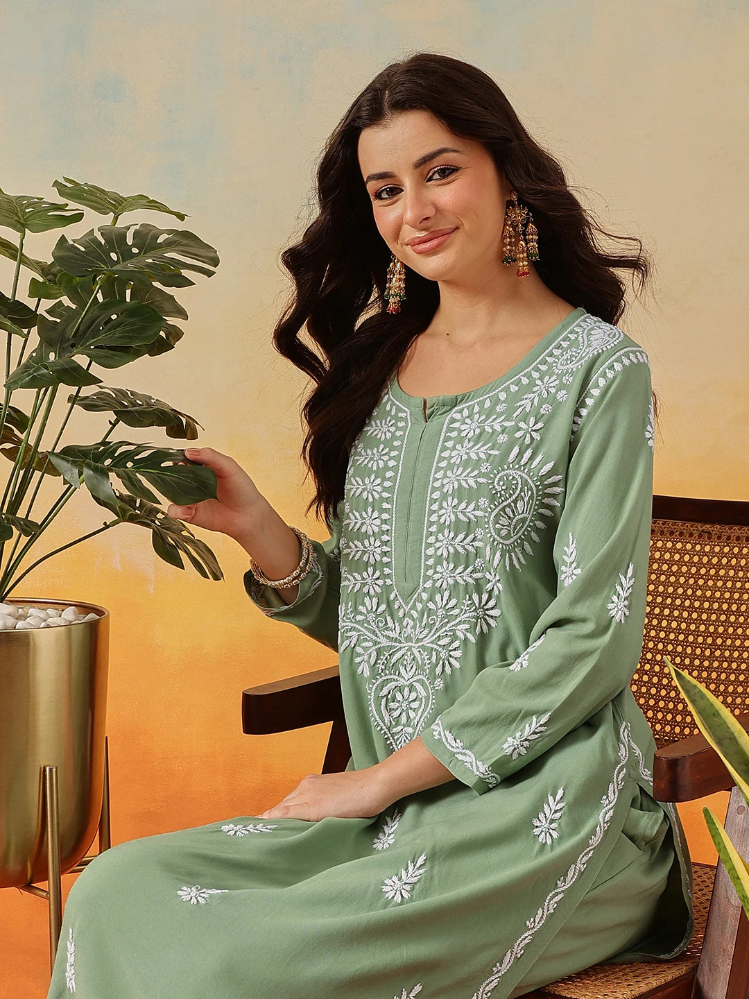 Ada Hand Embroidered Sage Green Rayon Lucknowi Chikankari Co-Ord Set A811241