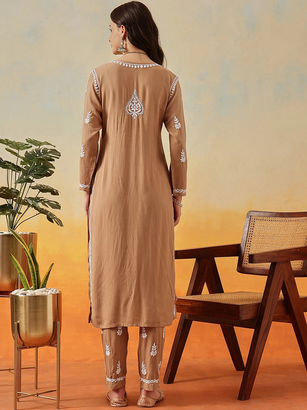 Ada Hand Embroidered Taupe Brown Rayon Lucknowi Chikankari Co-Ord Set A811239