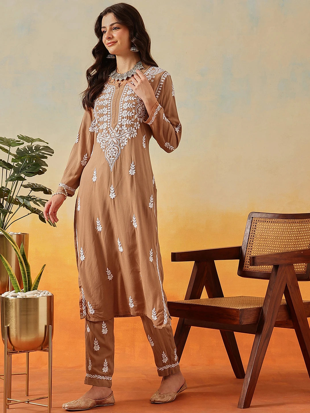 Ada Hand Embroidered Taupe Brown Rayon Lucknowi Chikankari Co-Ord Set A811239