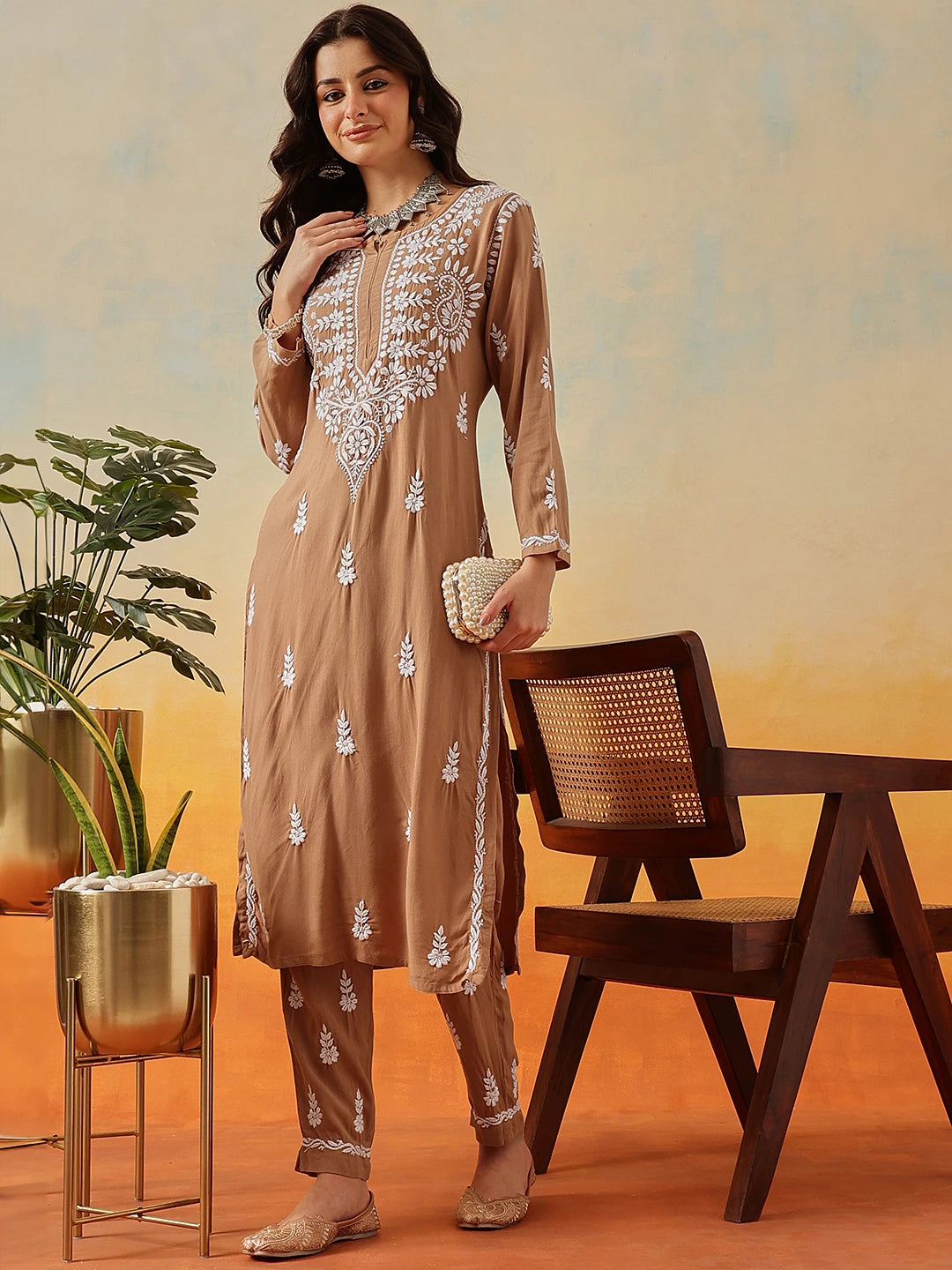 Ada Hand Embroidered Taupe Brown Rayon Lucknowi Chikankari Co-Ord Set A811239