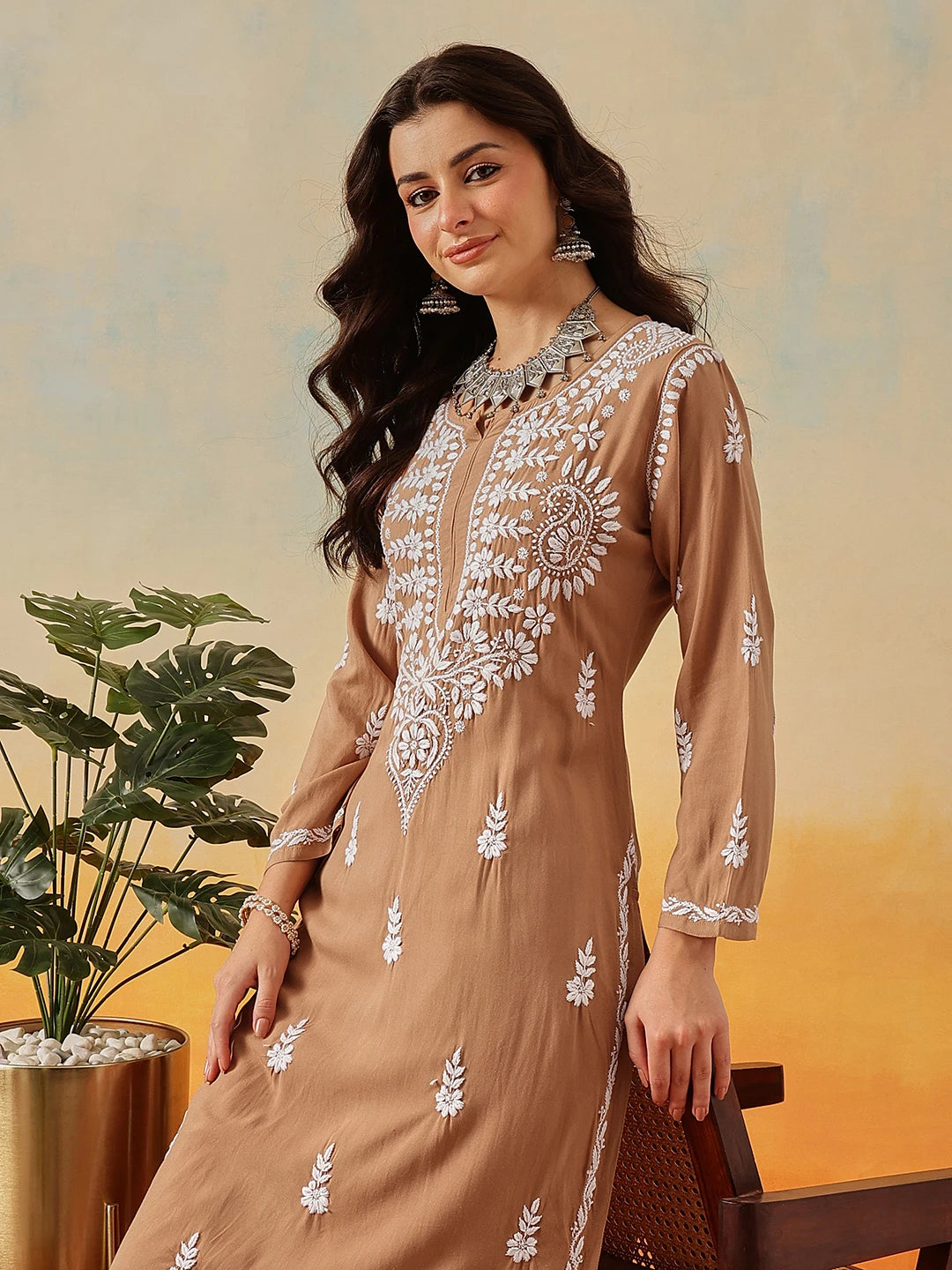 Ada Hand Embroidered Taupe Brown Rayon Lucknowi Chikankari Co-Ord Set A811239
