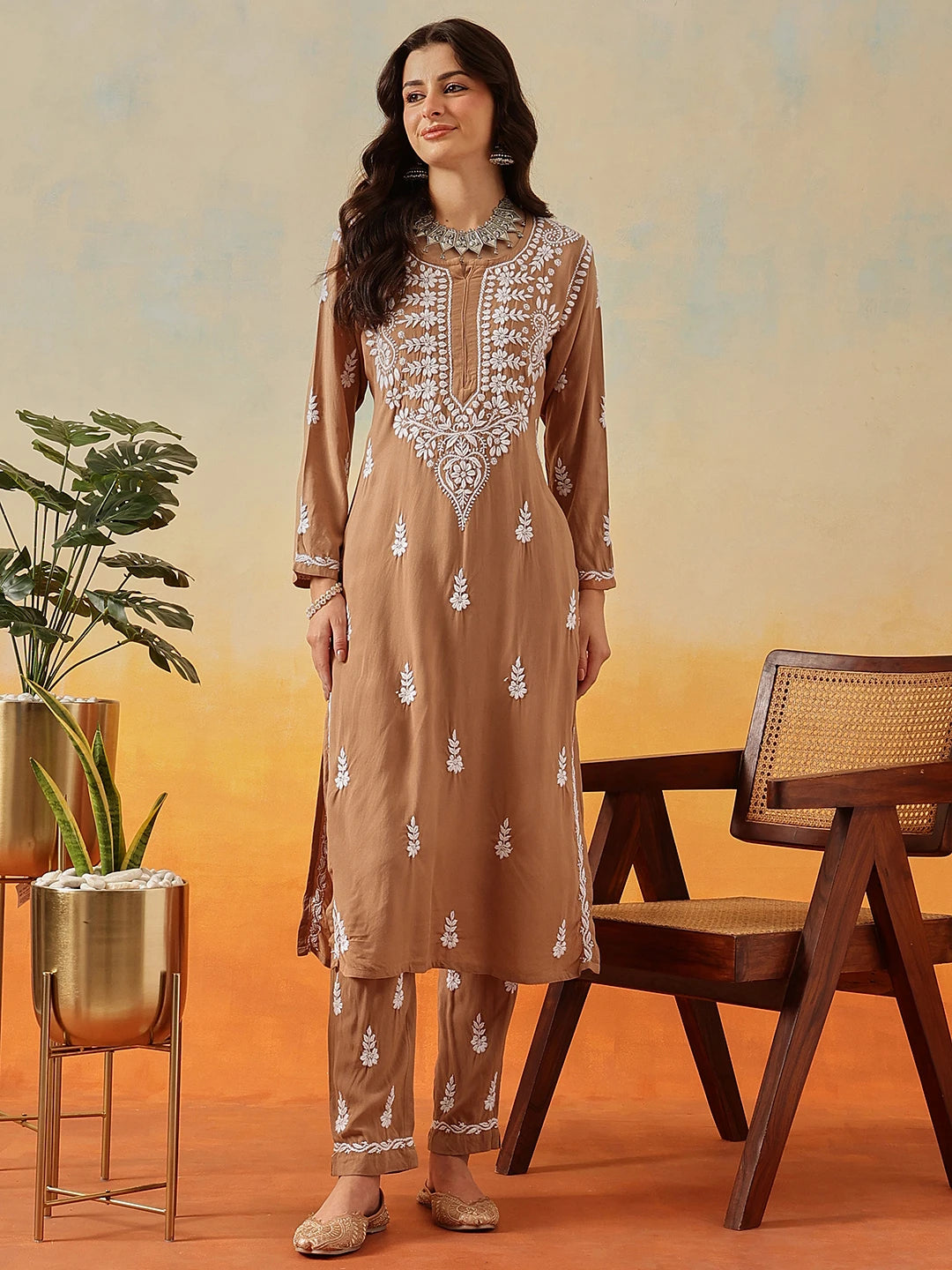 Ada Hand Embroidered Taupe Brown Rayon Lucknowi Chikankari Co-Ord Set A811239