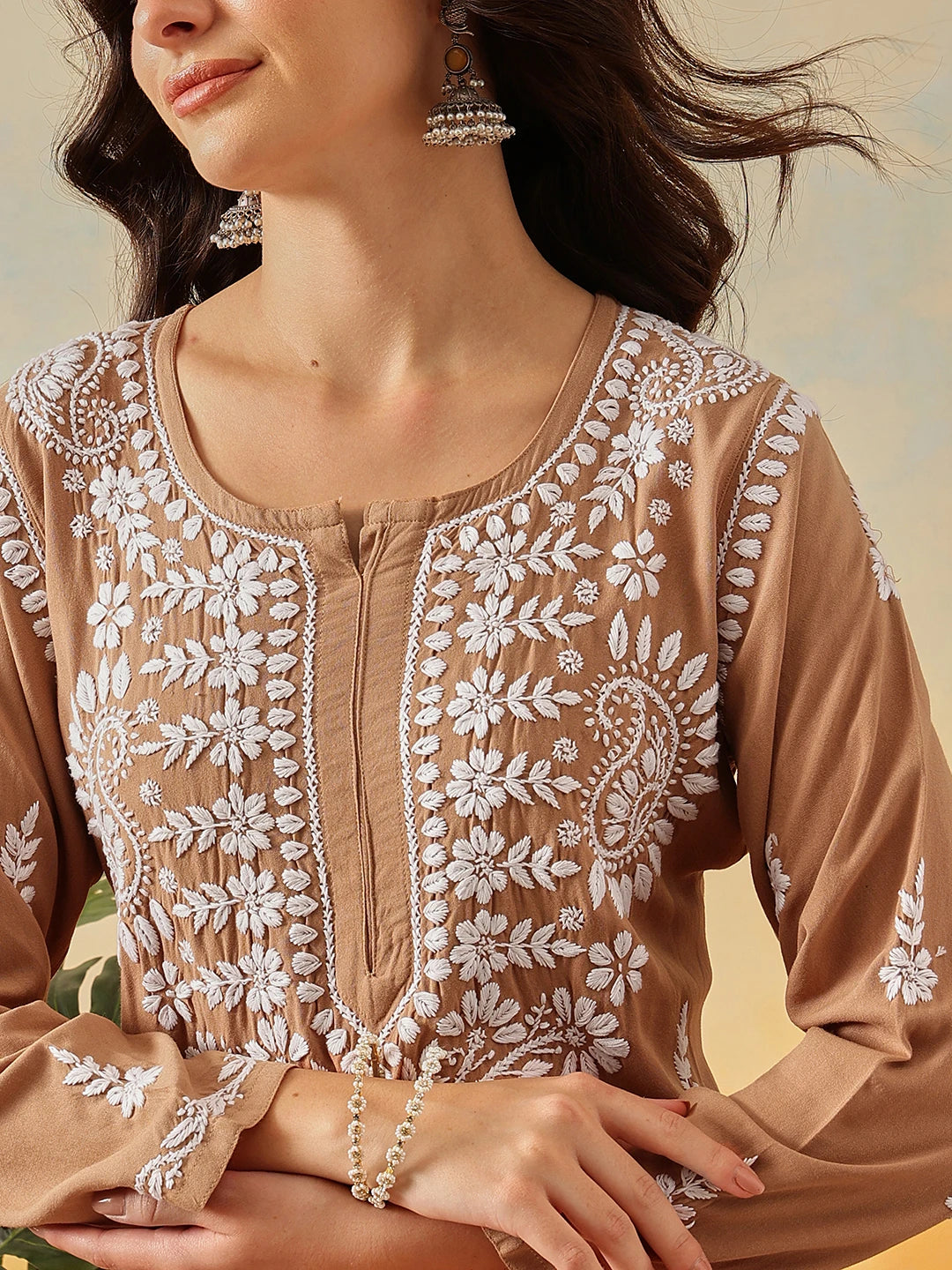 Ada Hand Embroidered Taupe Brown Rayon Lucknowi Chikankari Co-Ord Set A811239