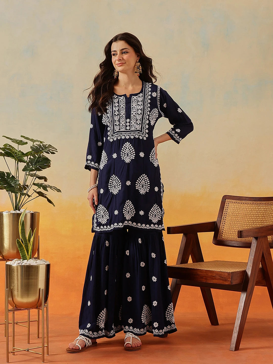 Ada Hand Embroidered Navy Blue Modal Lucknowi Chikankari Garara Set A811323