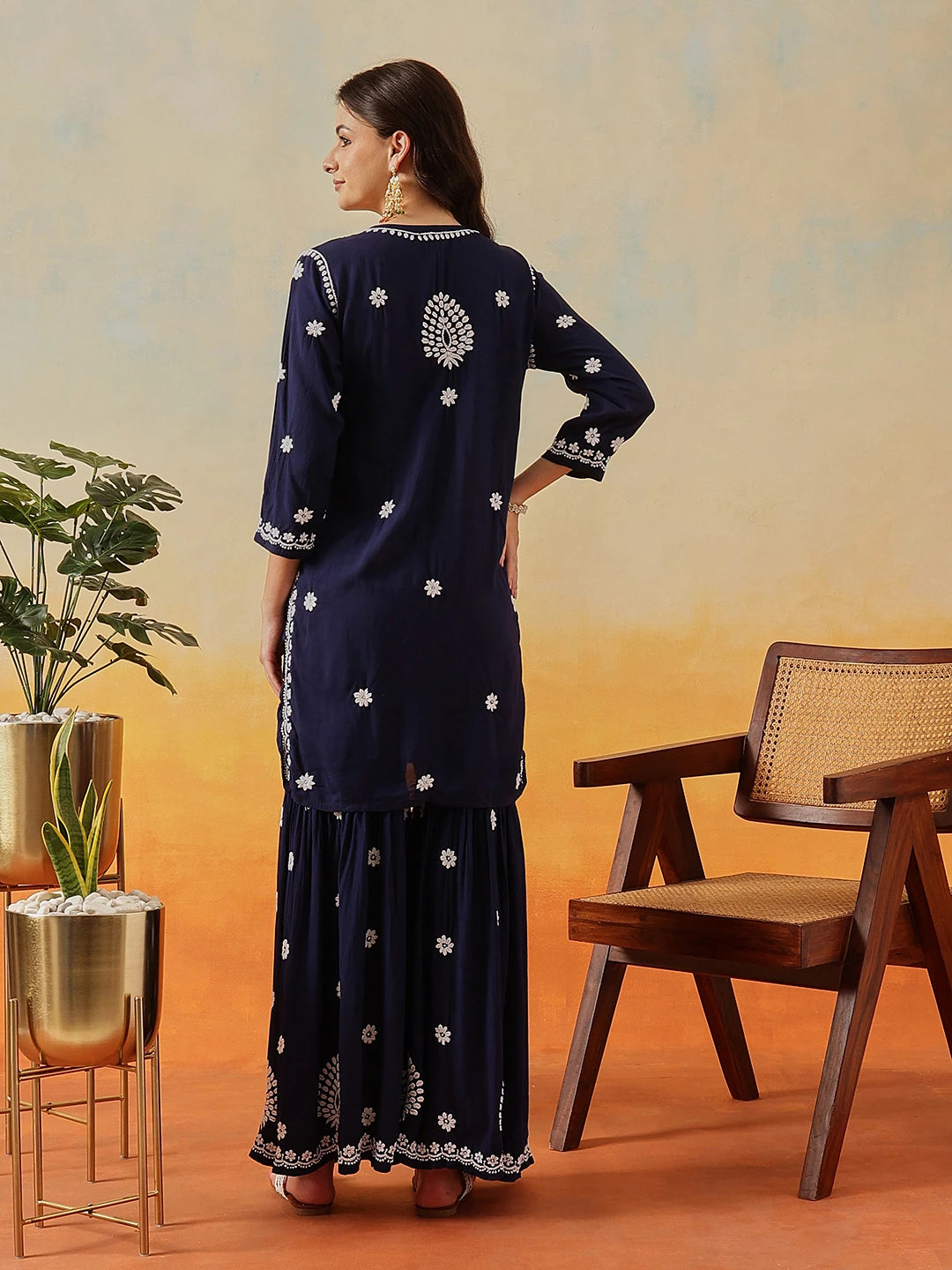 Ada Hand Embroidered Navy Blue Modal Lucknowi Chikankari Garara Set A811323