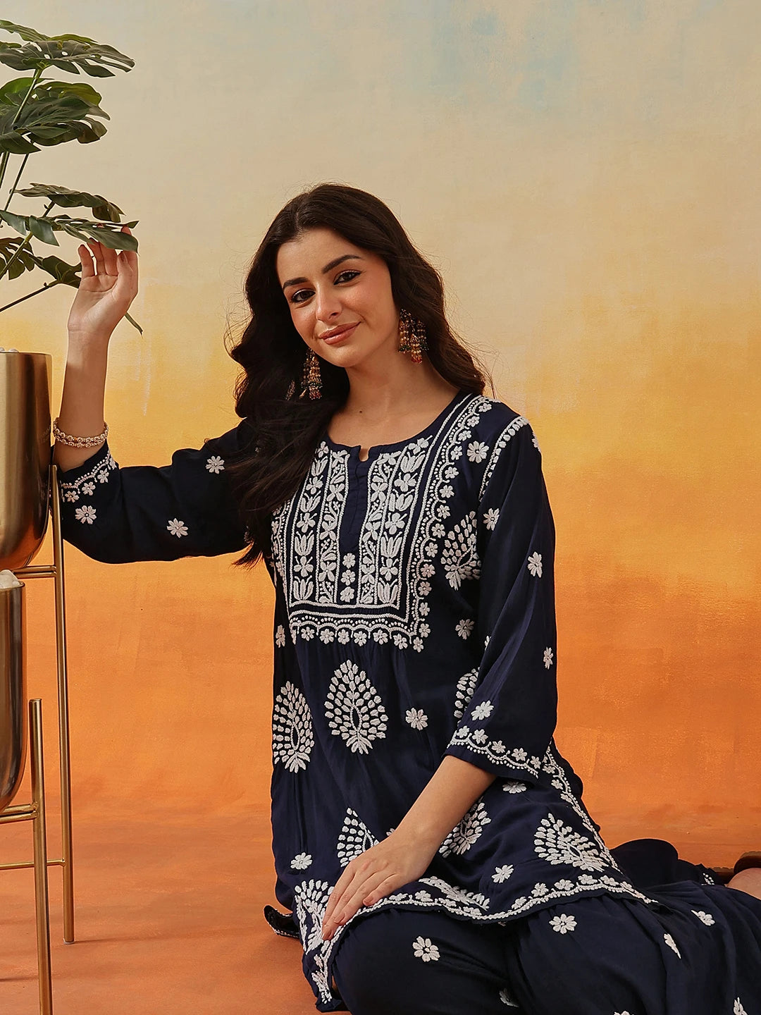 Ada Hand Embroidered Navy Blue Modal Lucknowi Chikankari Garara Set A811323