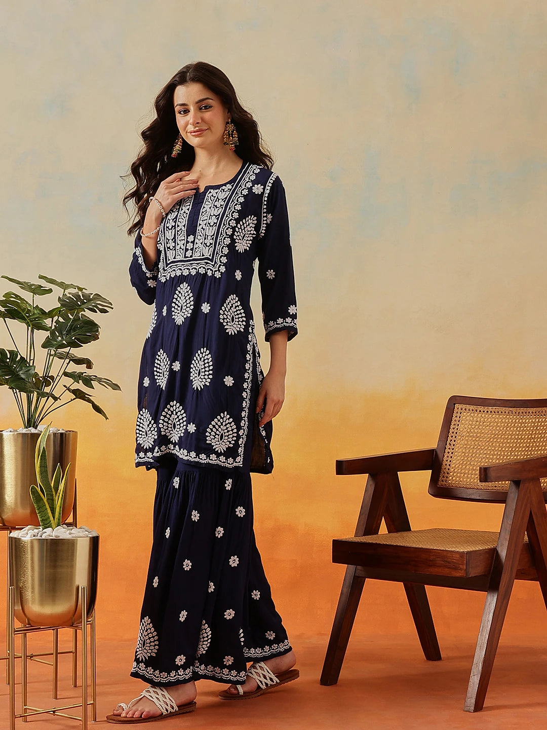 Ada Hand Embroidered Navy Blue Modal Lucknowi Chikankari Garara Set A811323