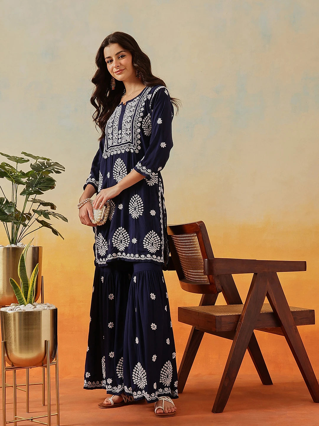 Ada Hand Embroidered Navy Blue Modal Lucknowi Chikankari Garara Set A811323