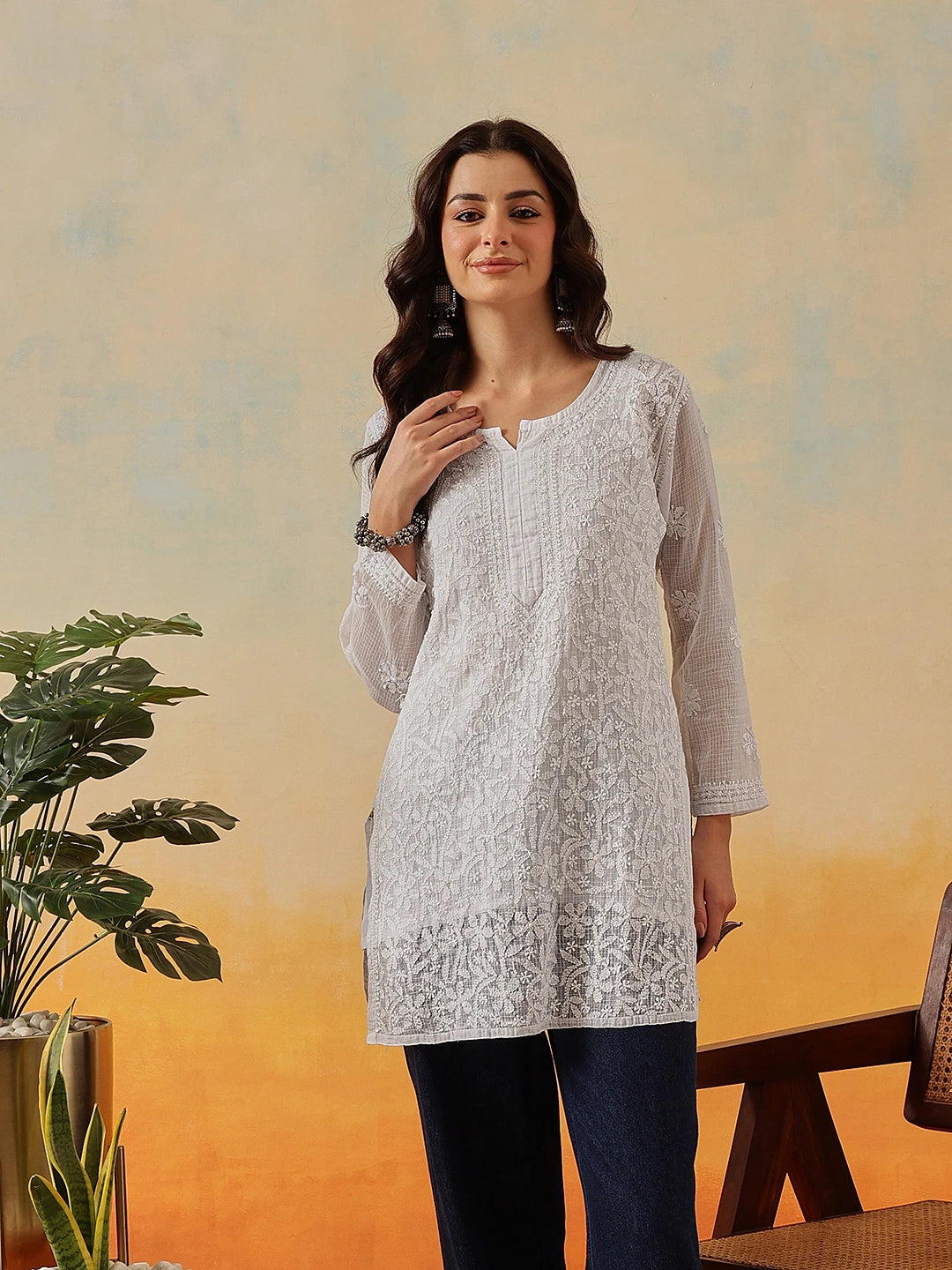 Ada Hand Embroidered White Kota Lucknowi Chikankari Short Kurti With Slip A911184