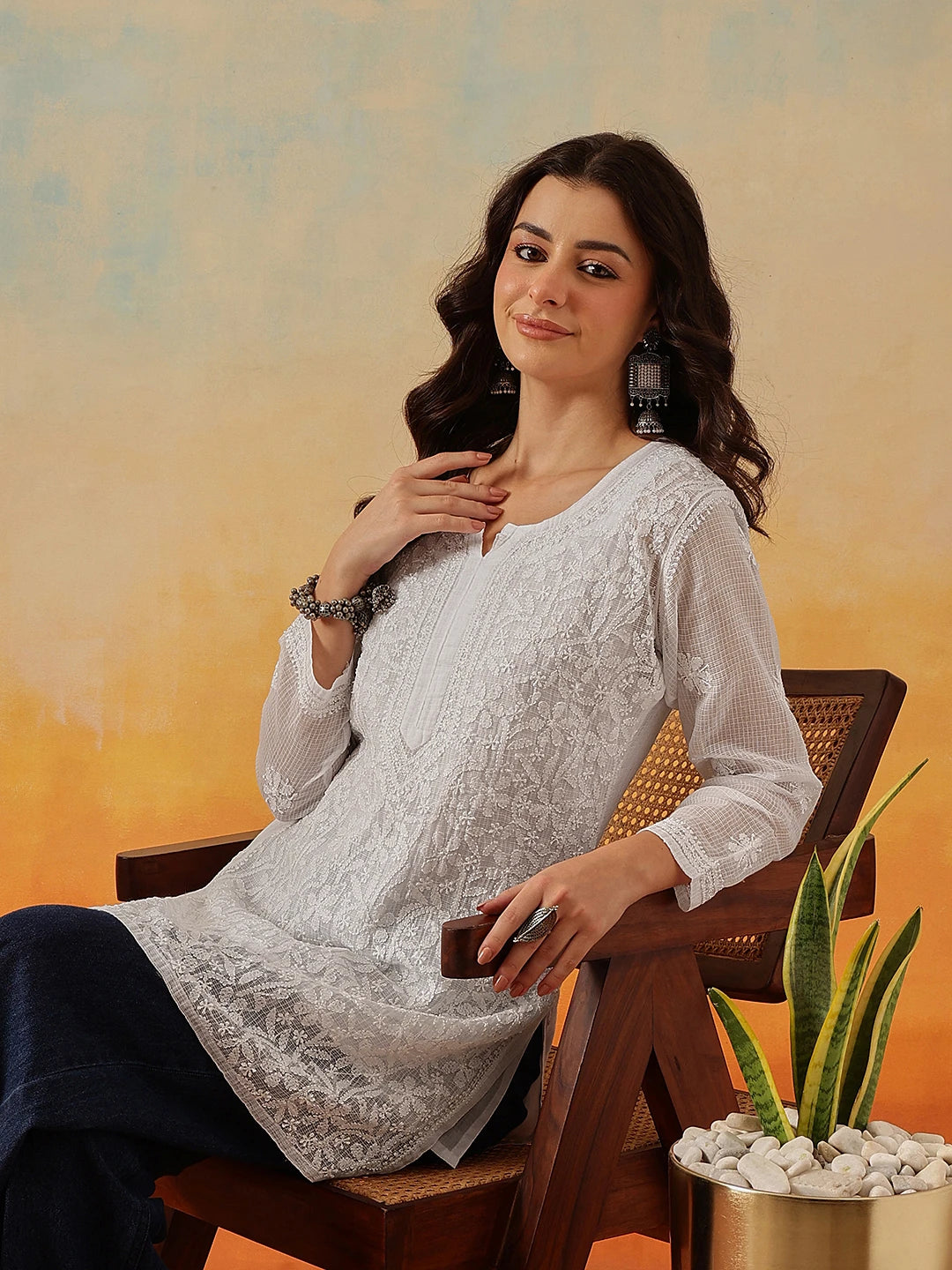 Ada Hand Embroidered White Kota Lucknowi Chikankari Short Kurti With Slip A911184