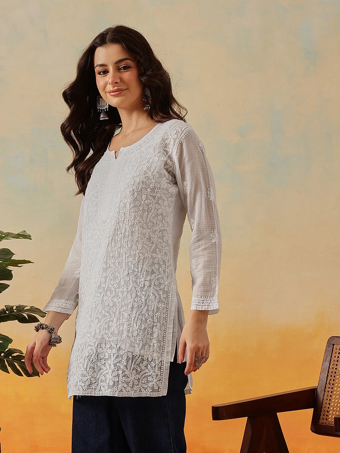 Ada Hand Embroidered White Kota Lucknowi Chikankari Short Kurti With Slip A911184