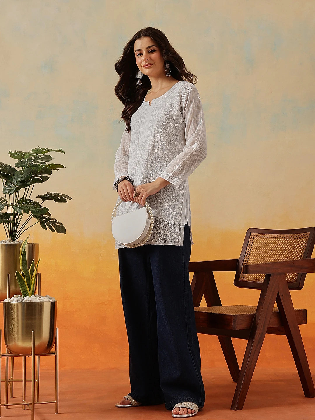 Ada Hand Embroidered White Kota Lucknowi Chikankari Short Kurti With Slip A911184