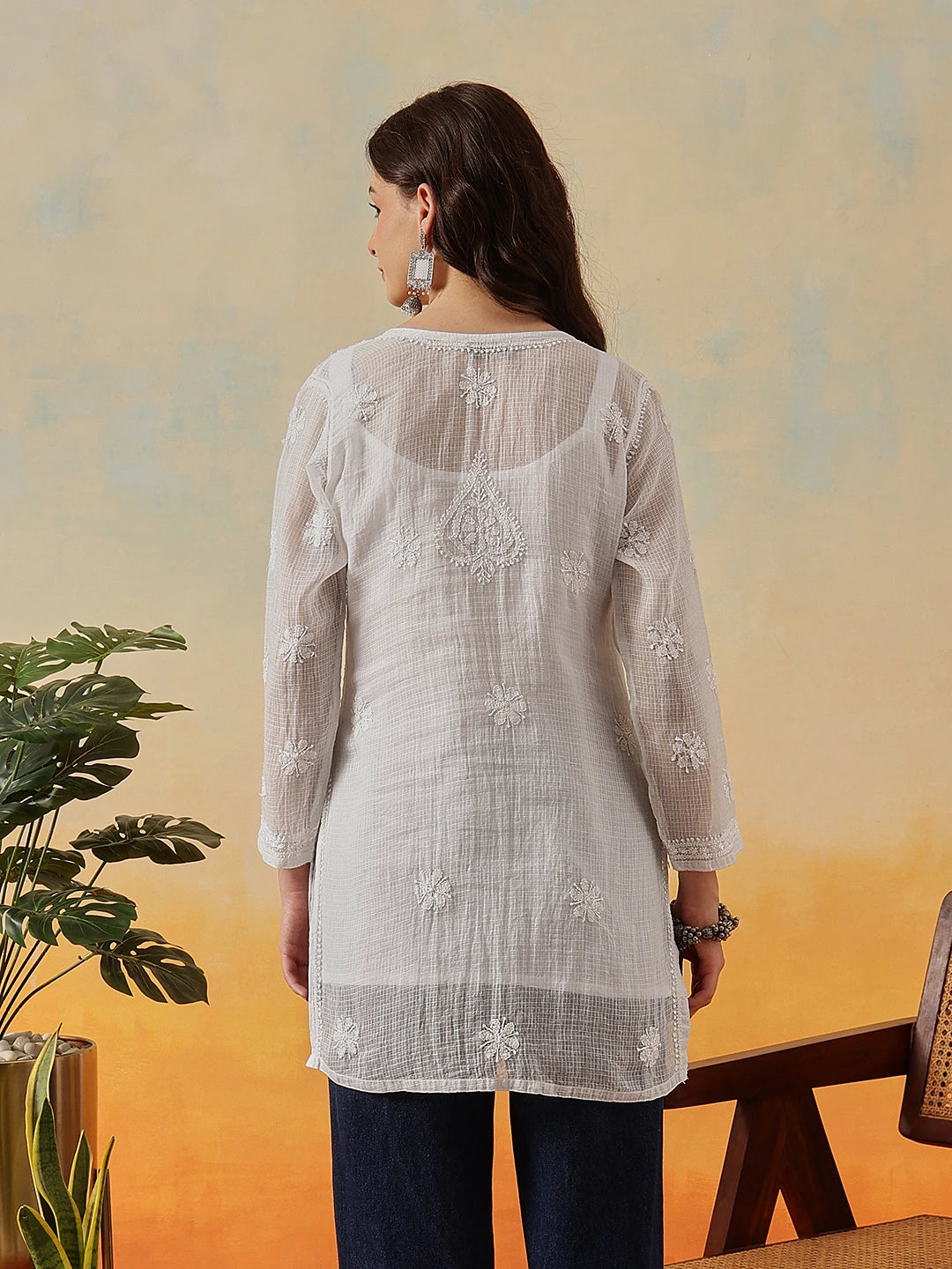 Ada Hand Embroidered White Kota Lucknowi Chikankari Short Kurti With Slip A911184