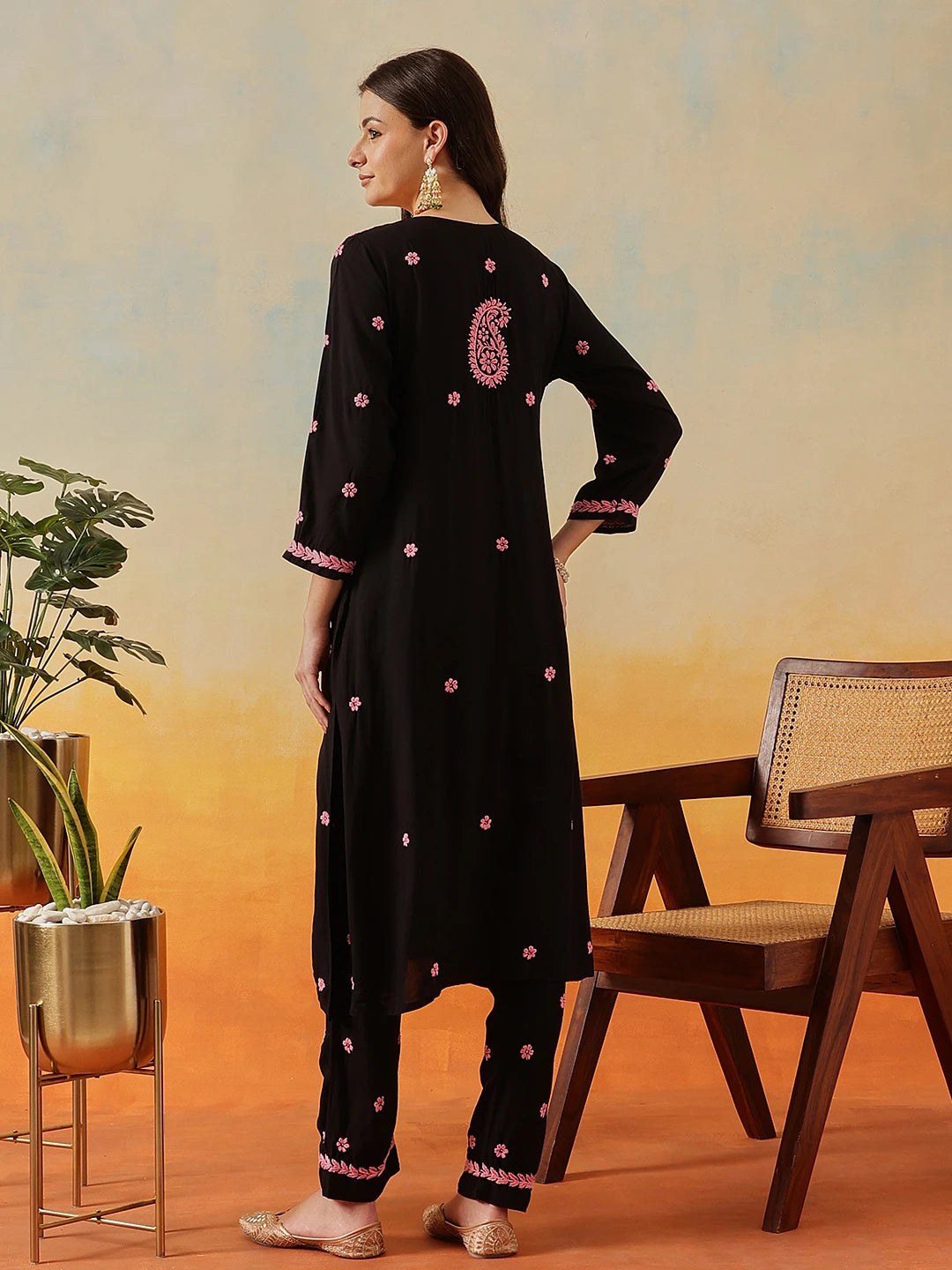 Ada Hand Embroidered Black Modal Lucknowi Chikankari Kurta Set A811332