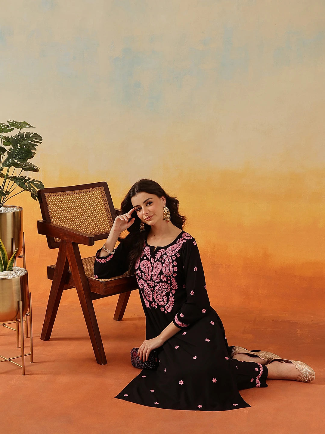 Ada Hand Embroidered Black Modal Lucknowi Chikankari Kurta Set A811332