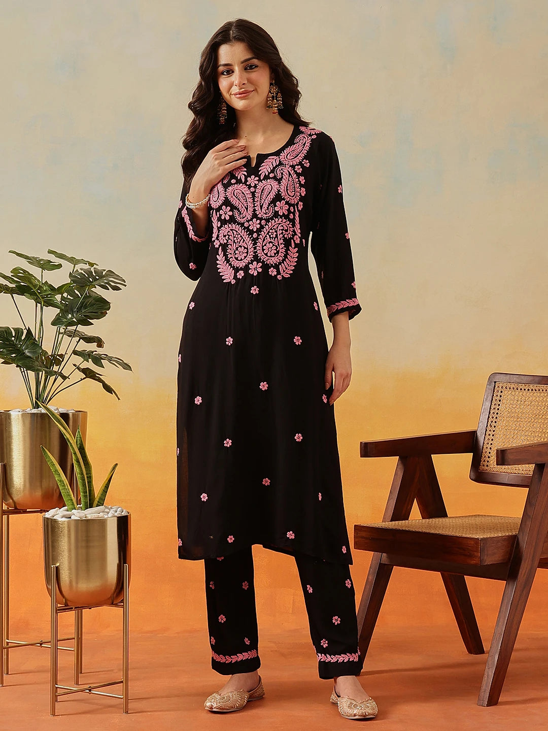 Ada Hand Embroidered Black Modal Lucknowi Chikankari Kurta Set A811332