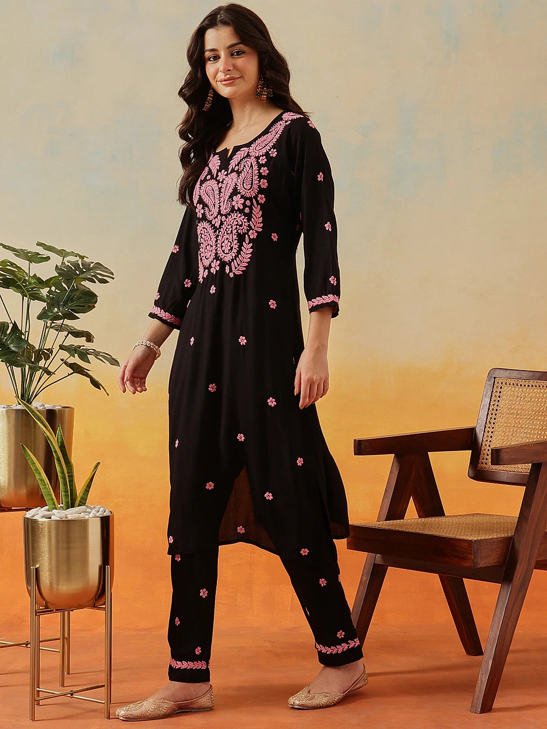Ada Hand Embroidered Black Modal Lucknowi Chikankari Kurta Set A811332
