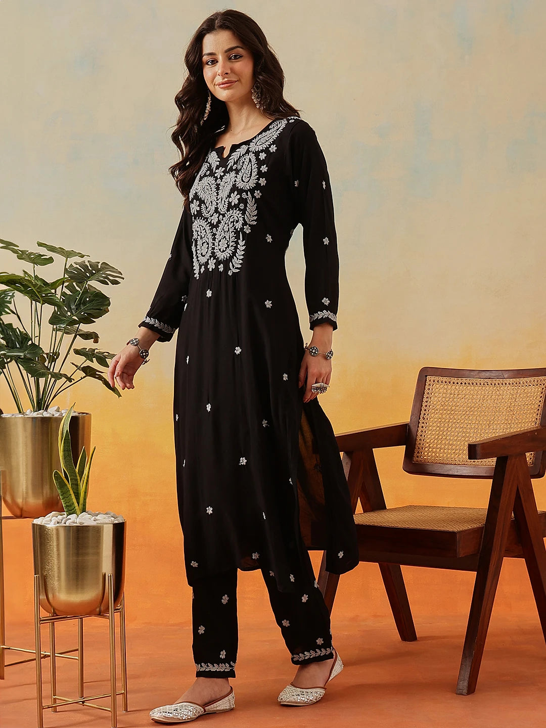 Ada Hand Embroidered Black Modal Lucknowi Chikankari Kurta Set A811331
