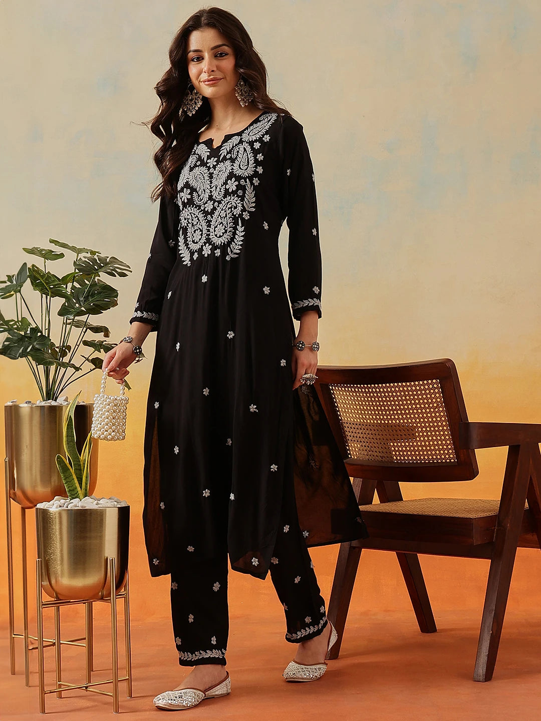 Ada Hand Embroidered Black Modal Lucknowi Chikankari Kurta Set A811331