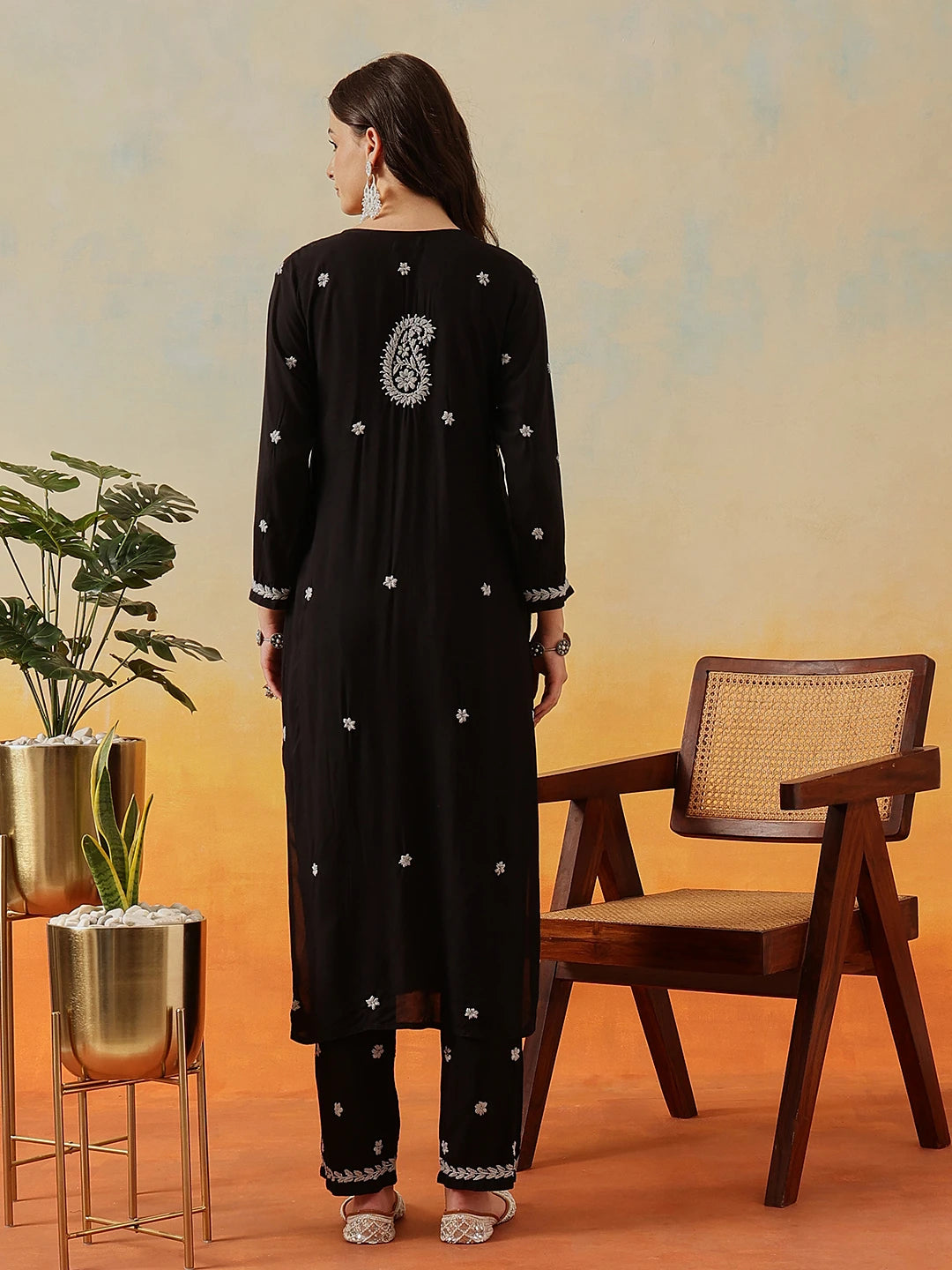 Ada Hand Embroidered Black Modal Lucknowi Chikankari Kurta Set A811331