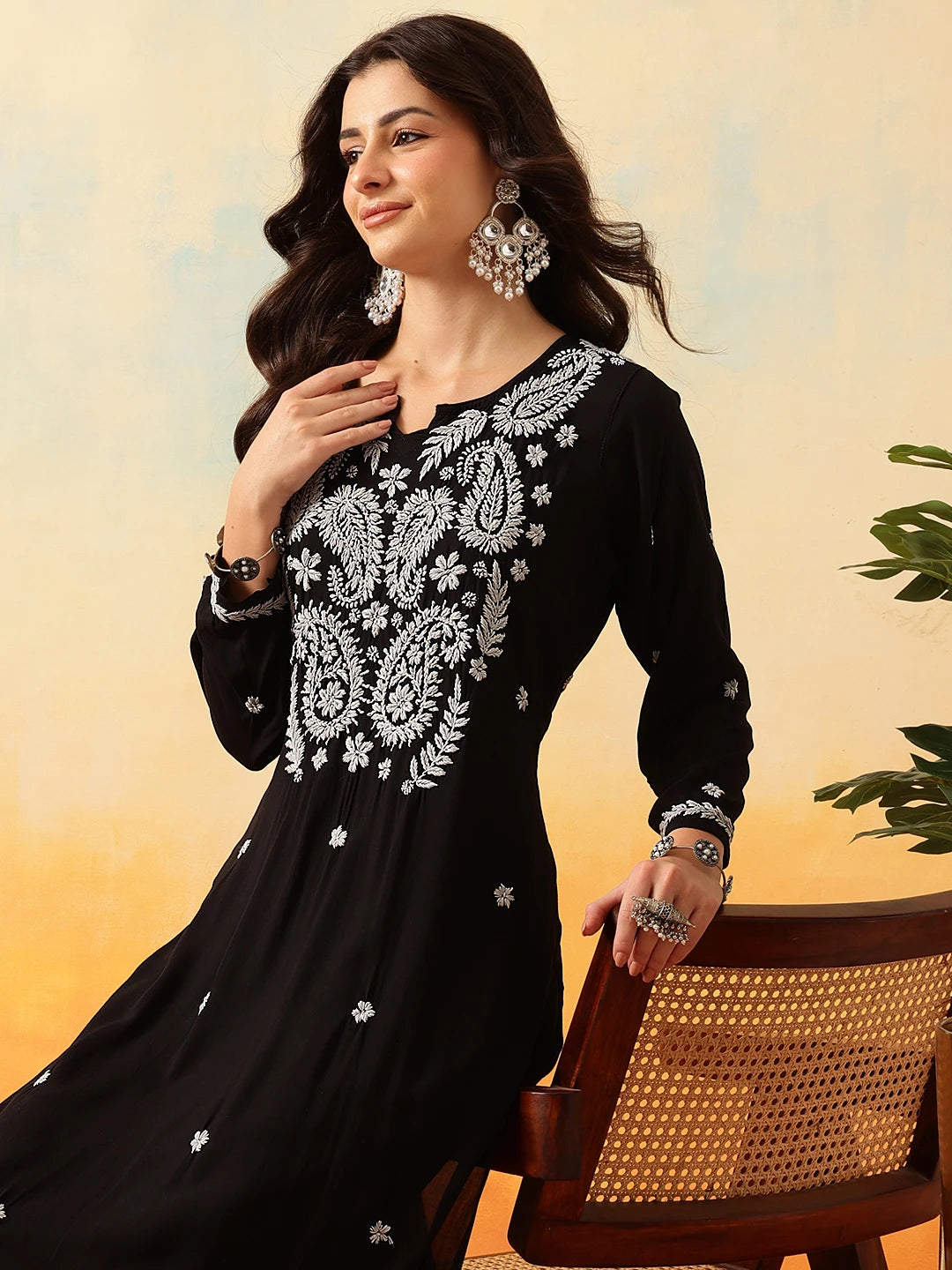 Ada Hand Embroidered Black Modal Lucknowi Chikankari Kurta Set A811331