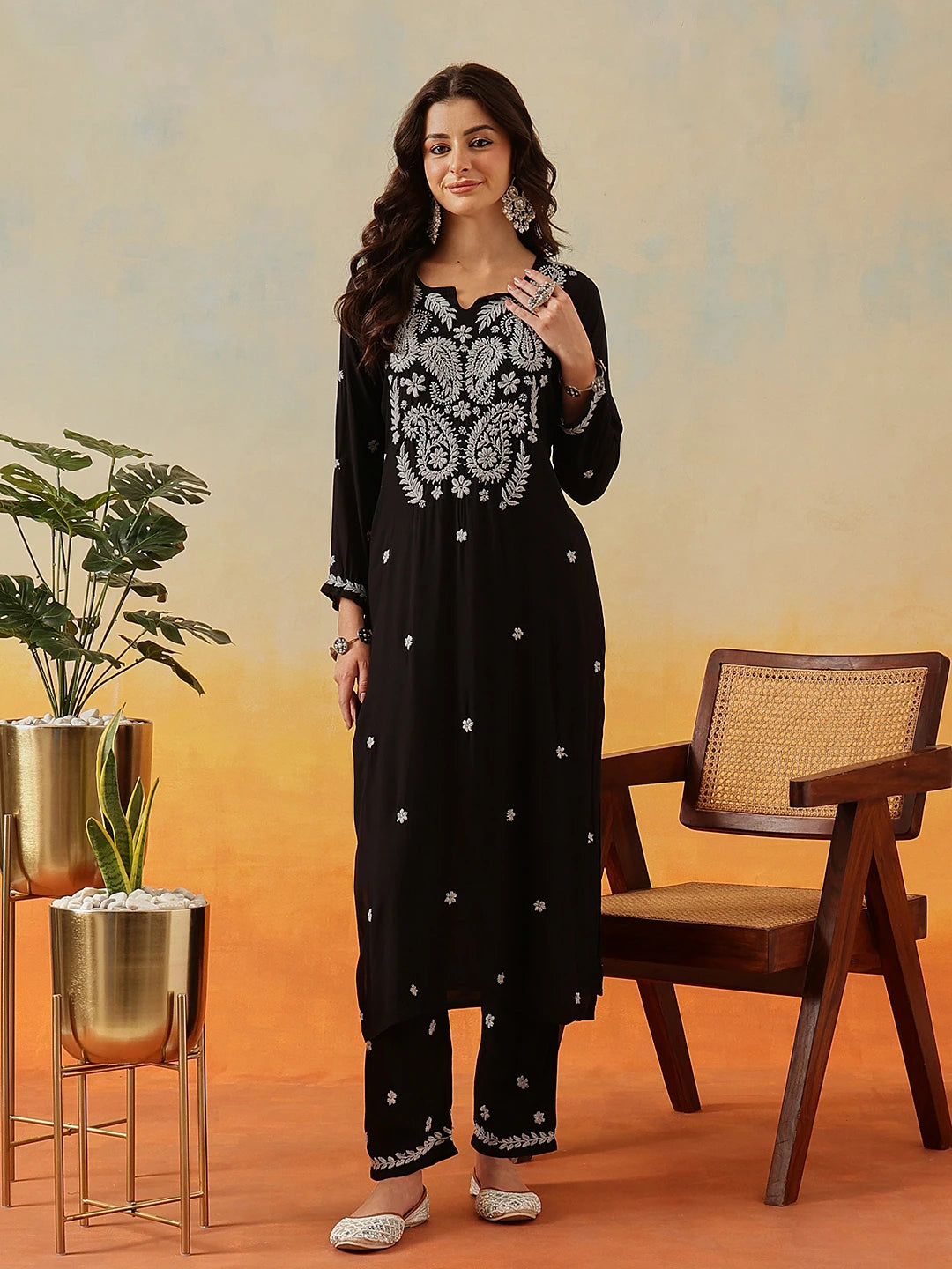 Ada Hand Embroidered Black Modal Lucknowi Chikankari Kurta Set A811331