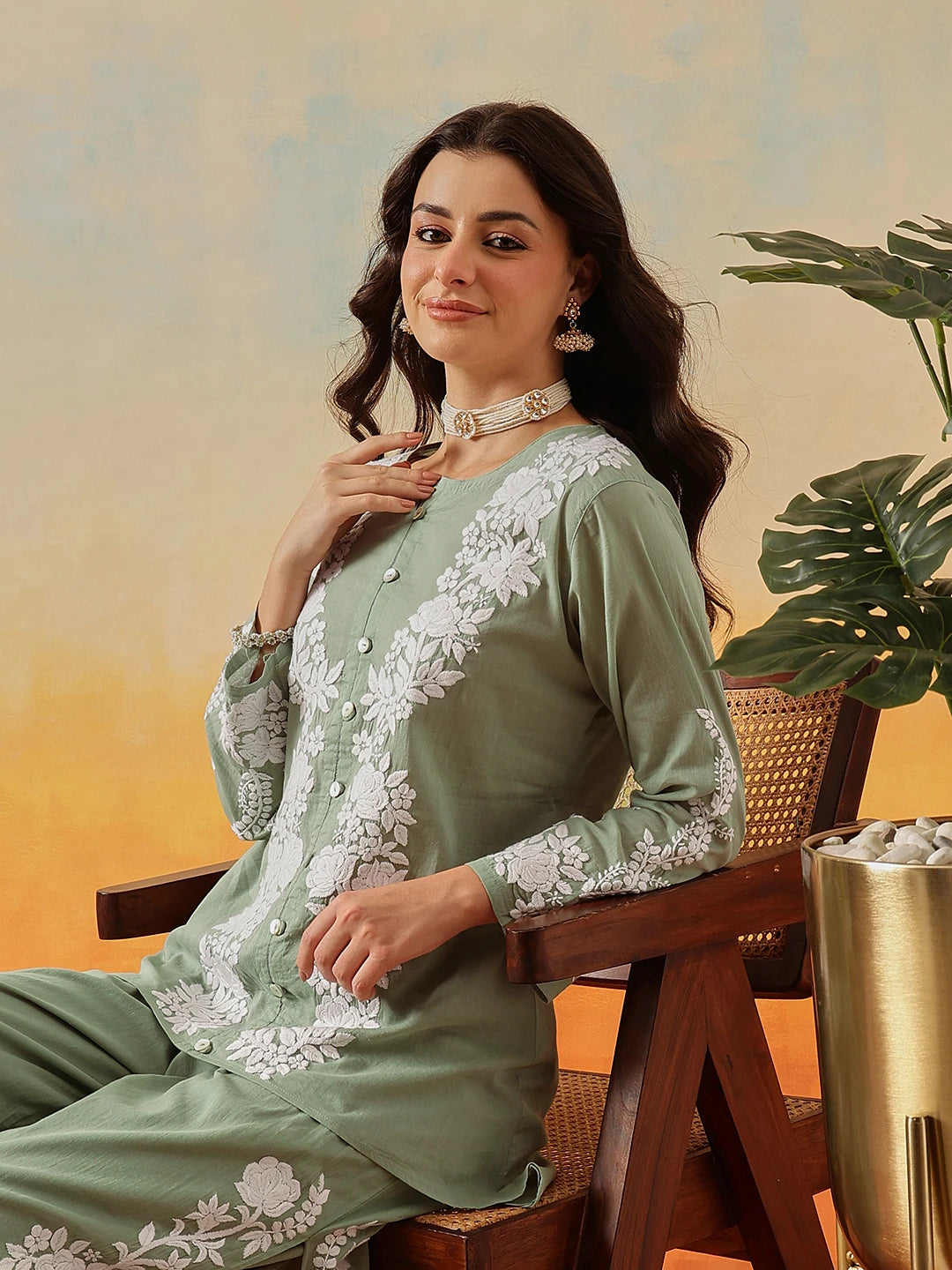 Ada Hand Embroidered Green Cotton Lucknowi Chikankari Co-Ord Set A811345