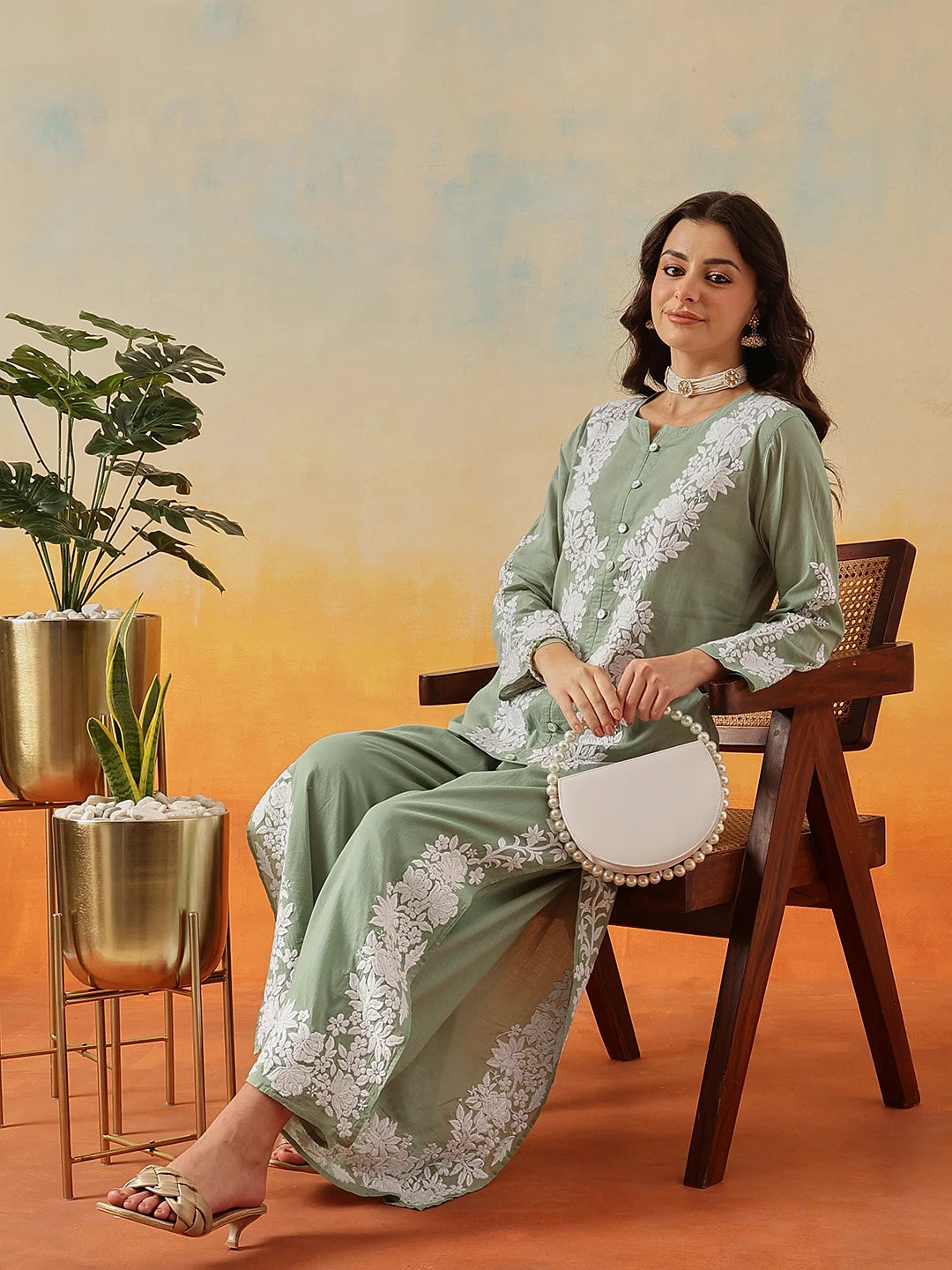 Ada Hand Embroidered Green Cotton Lucknowi Chikankari Co-Ord Set A811345