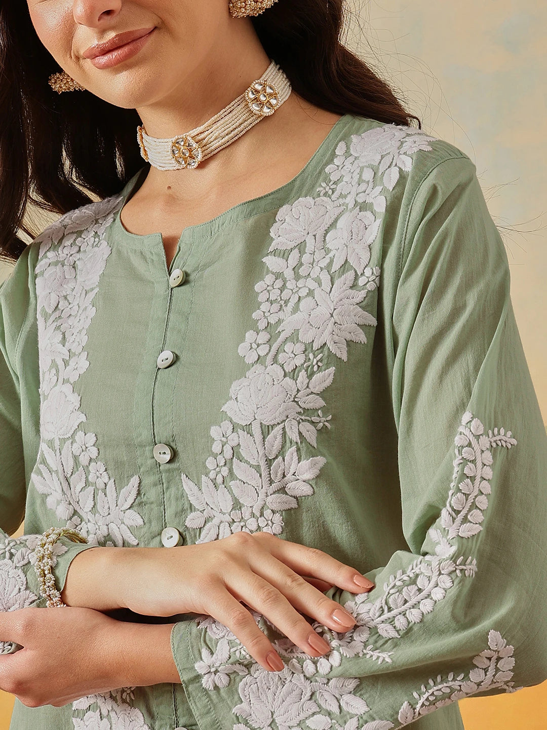Ada Hand Embroidered Green Cotton Lucknowi Chikankari Co-Ord Set A811345