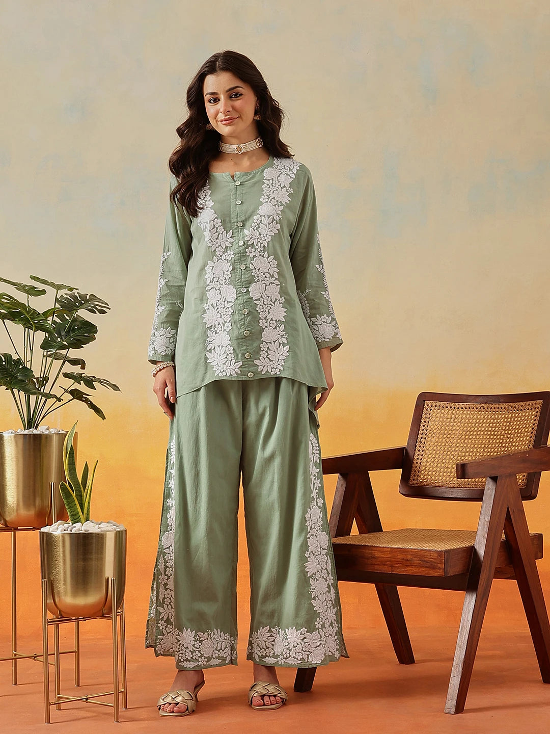 Ada Hand Embroidered Green Cotton Lucknowi Chikankari Co-Ord Set A811345