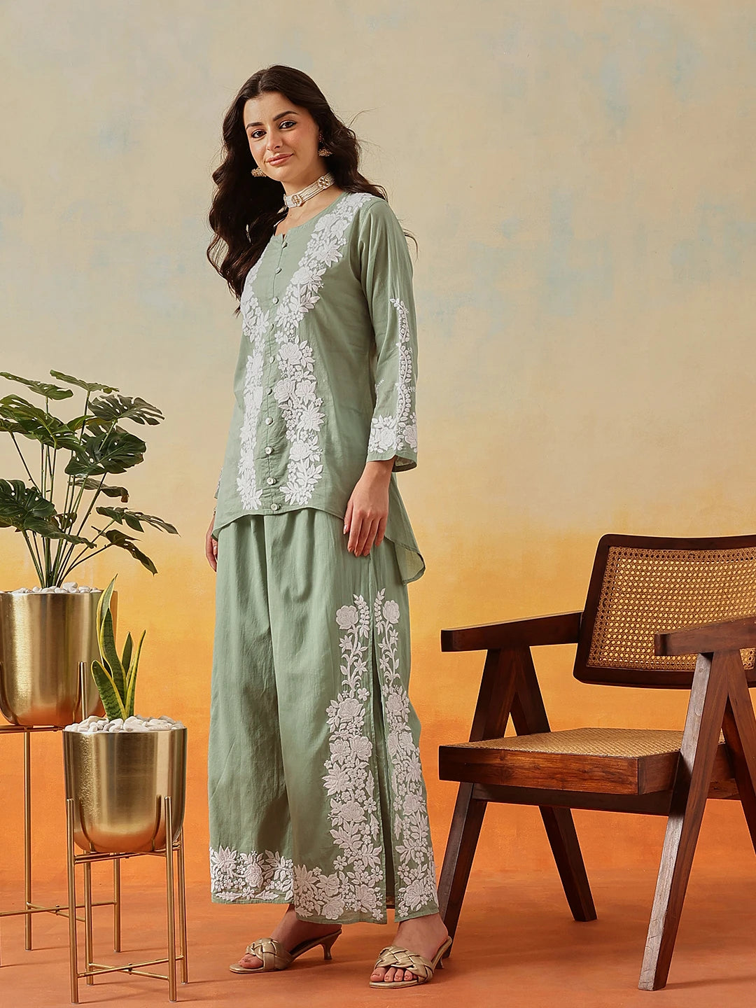 Ada Hand Embroidered Green Cotton Lucknowi Chikankari Co-Ord Set A811345