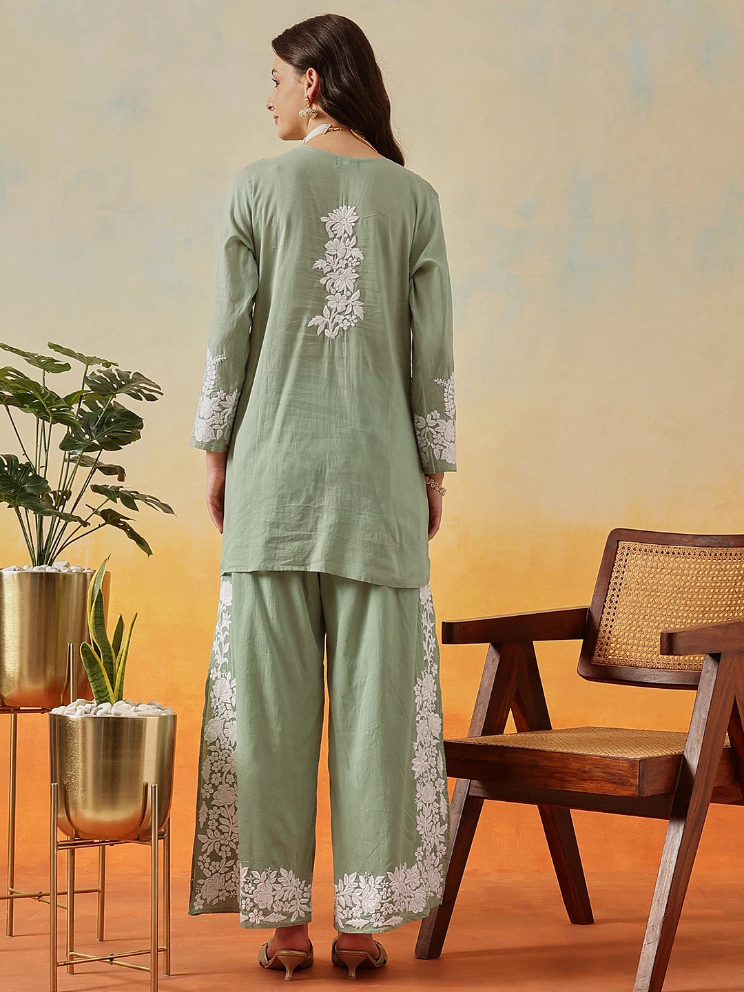 Ada Hand Embroidered Green Cotton Lucknowi Chikankari Co-Ord Set A811345